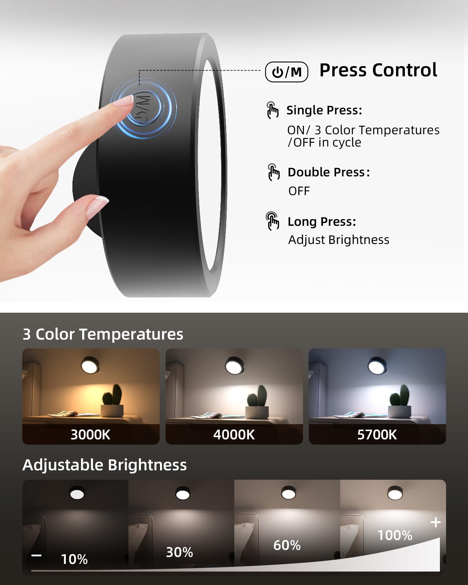 EZVALO LED Wall Mounted Lights, 3 Color Temps, Remote & Touch Control, 2 Pack, Black, Model EZL2404A