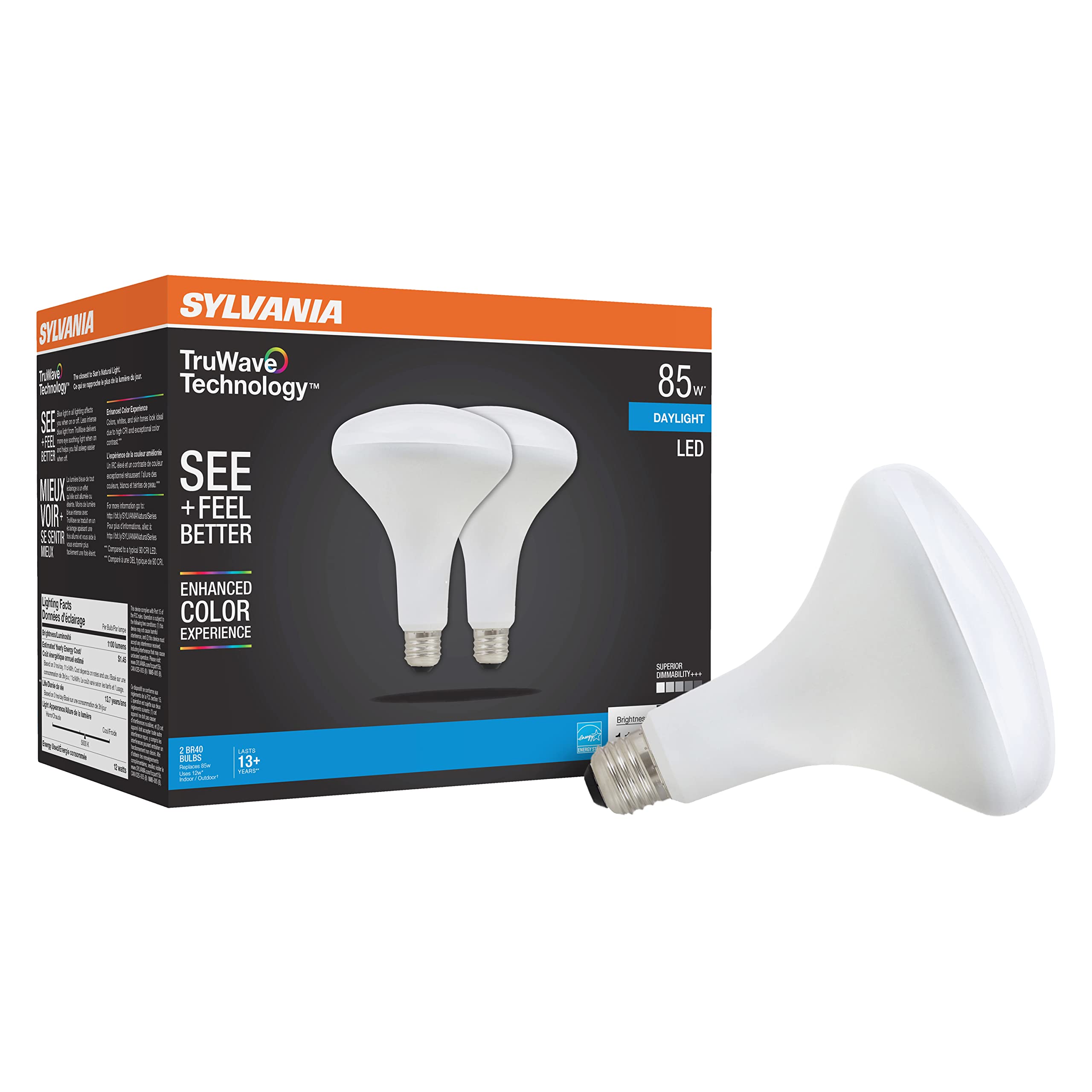 Sylvania Led Truwave Natural Series Br40 Light Bulb, 85W Equivalent Efficient 12W, Medium Base, Dimmable, Frosted, 5000K, Daylig