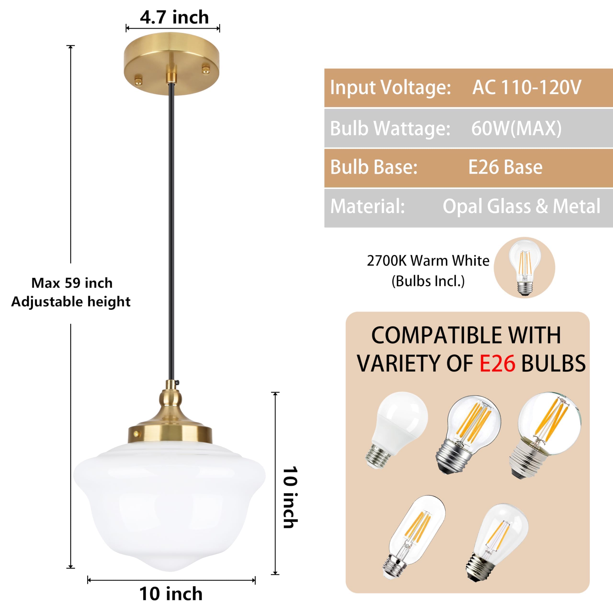 Bagood 10'' Milk Glass Pendant Light Gold Schoolhouse Light Fixture Schoolhouse Pendant Light Milk Glass Light Fixture Mid Centu