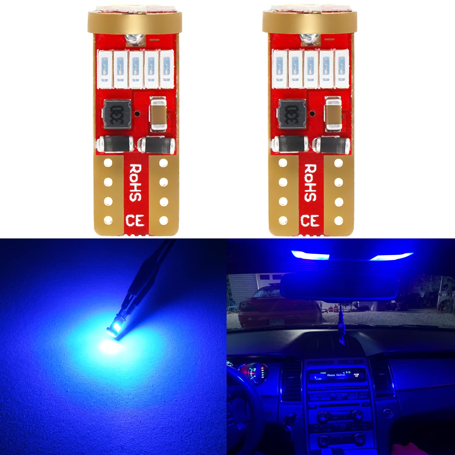 Phinlion 194 Led Blue Bulbs, Super Bright 168 2825 175 T10 Wedge Led Non Polarity Replacement Lamps For Car Interior Dome Map Re