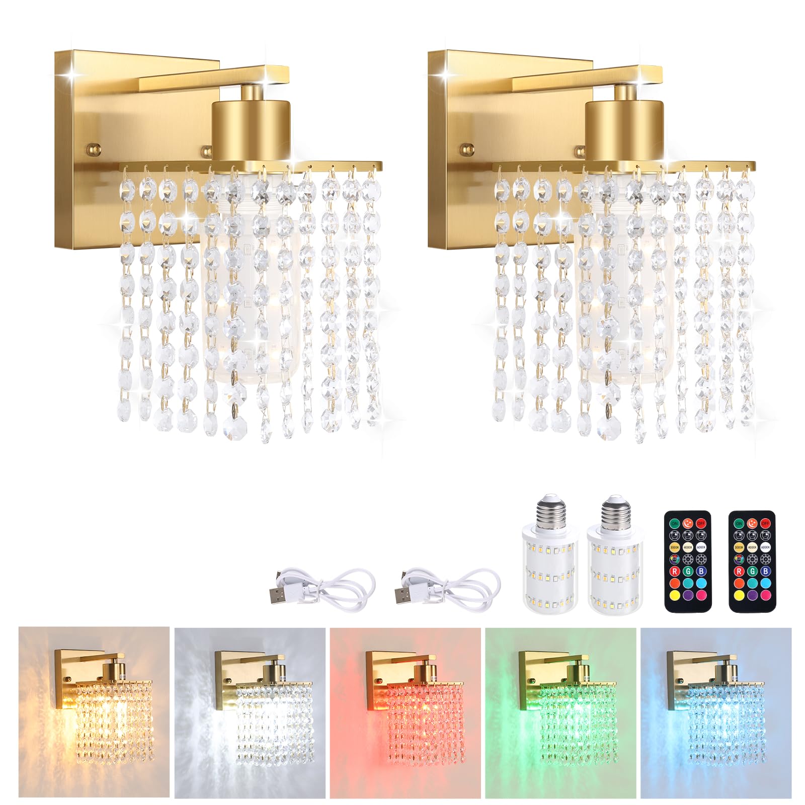 Shenmoyl Crystal Wall Sconce Set of 2, Rechargeable 5200mAh Battery, Remote Control, Dimmable Wireless Lights, Clear-Gold Base