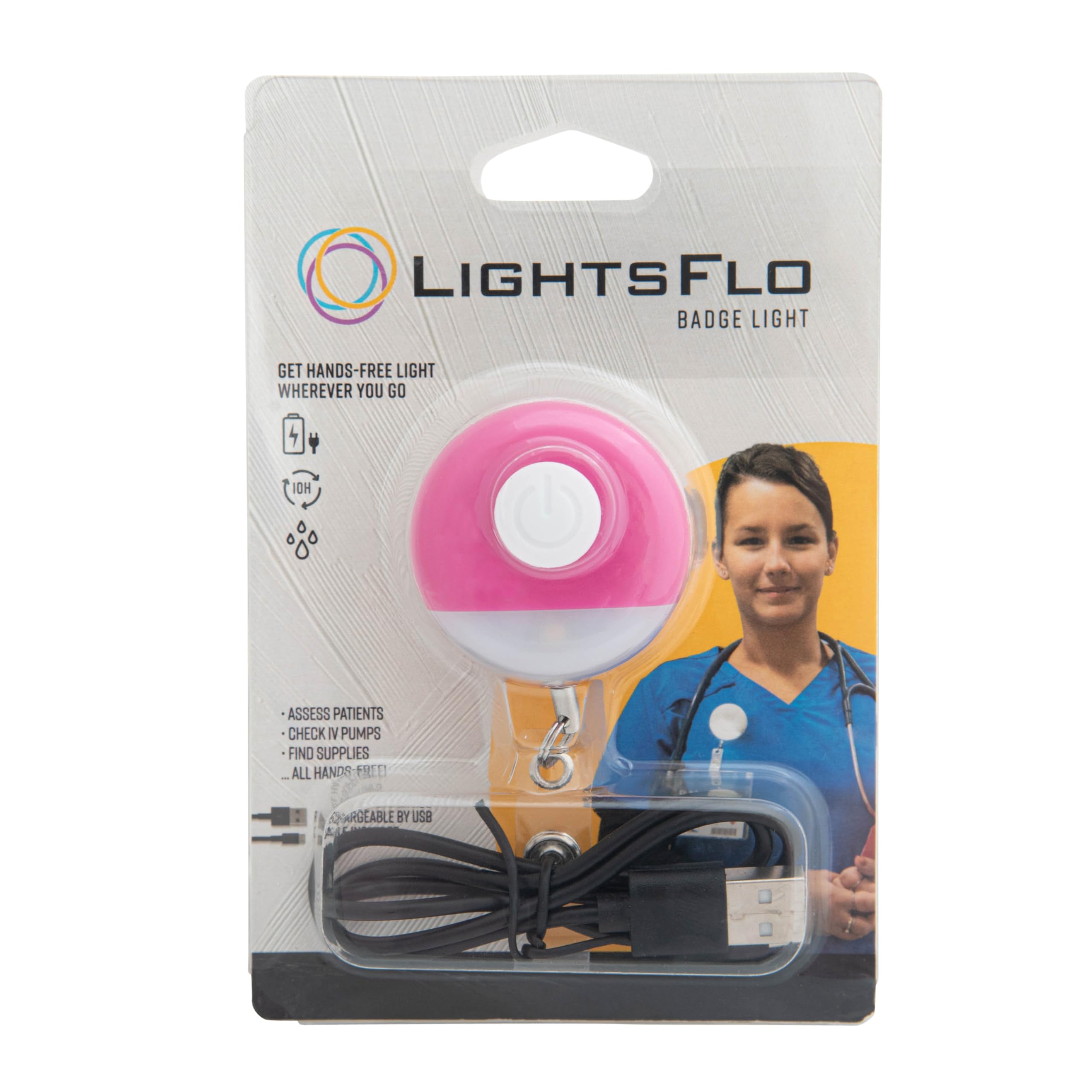 Lightsflo Nurse Badge Light - Portable Rechargeable Badge Reel, Retractable, High/Low Light, Long Lasting Battery, Gift for New 