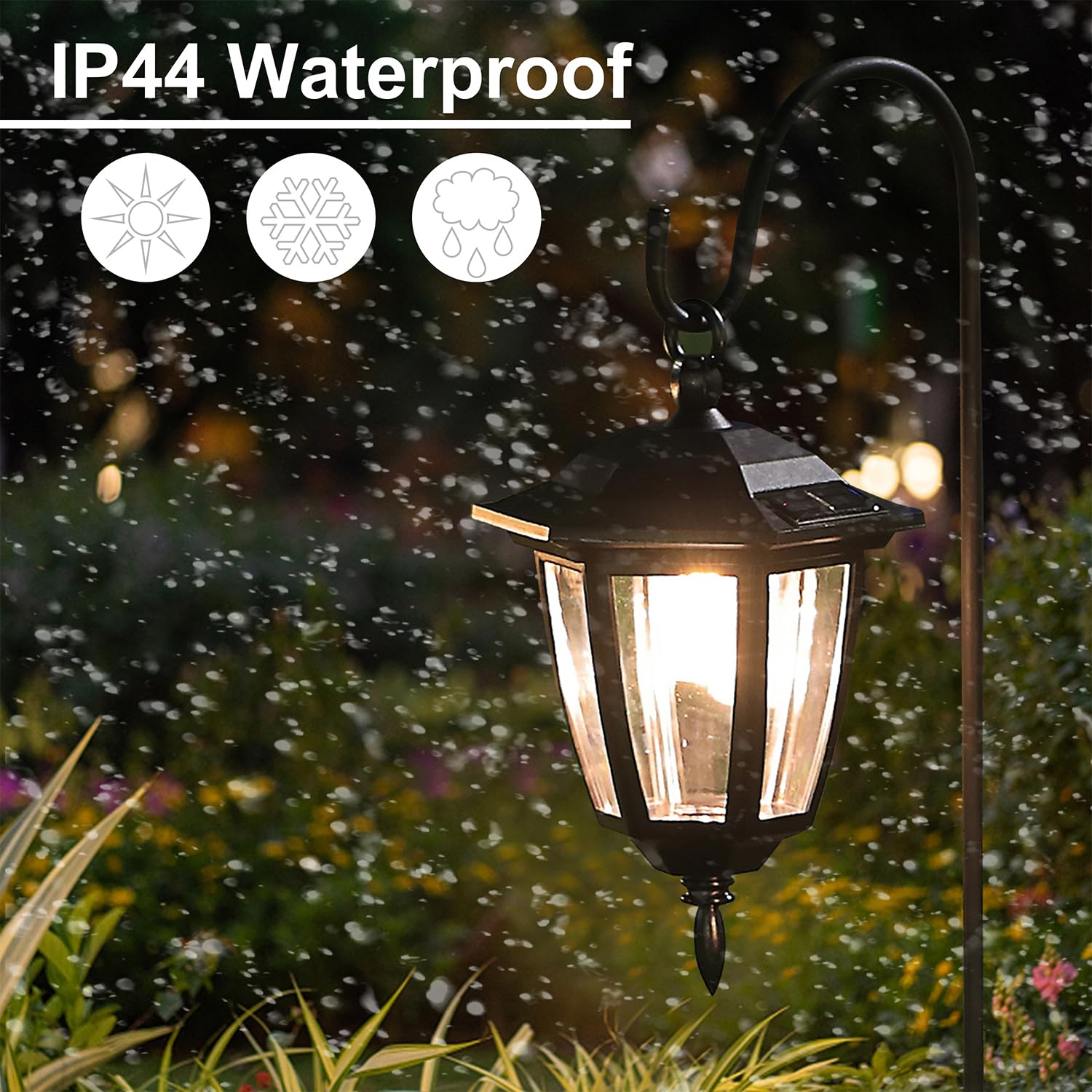 Dynaming Solar Hanging Lights 2 Pack - Warm White Decorative Lanterns with 38 Inch Shepherd Hooks for Outdoor Garden, Lawn, and Pathway