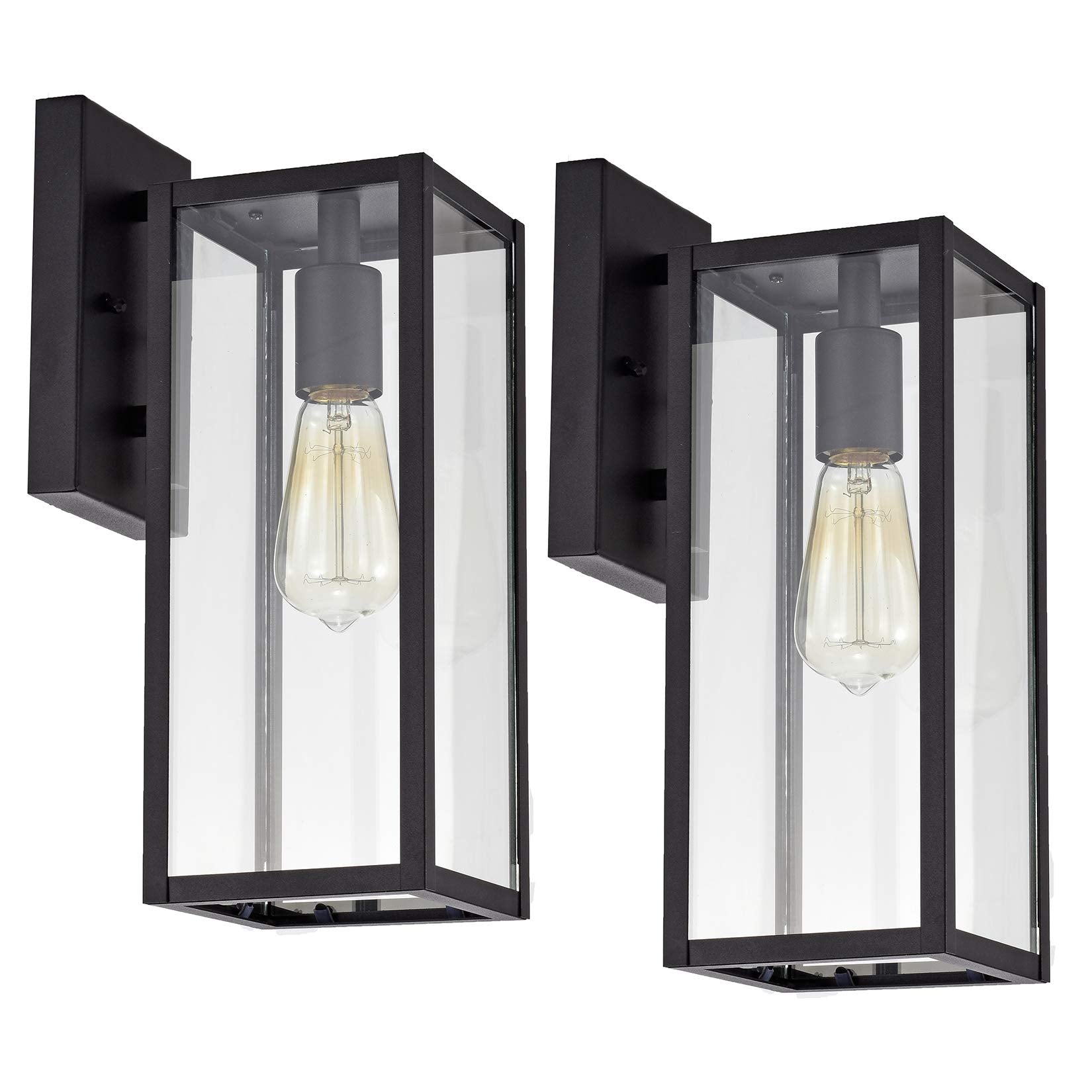 MICSIU Black Outdoor Wall Light Fixture, 2 Pack, Modern Clear Glass Sconce, E26 Base, 13.75 Inch, Metal, Model 20001