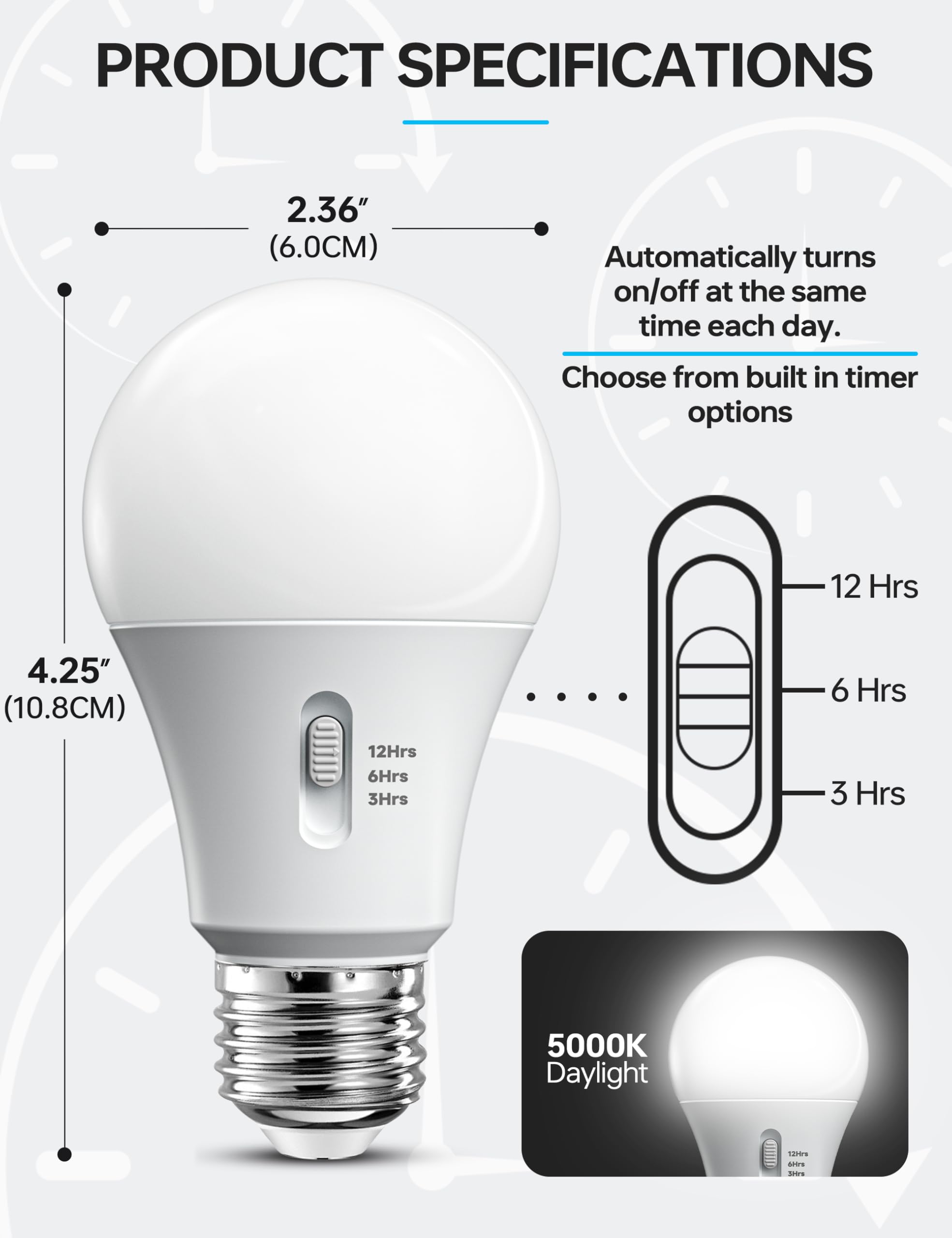 KINDEEP Timer Light Bulb A19 LED 13W Equivalent 5000K Daylight Indoor Lighting, Automatic On/Off, 4-Pack