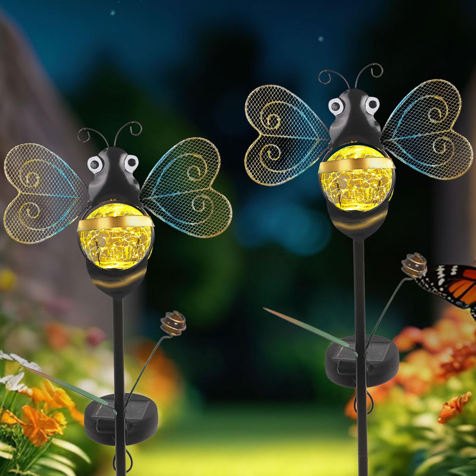 Solar Bee Garden Stakes Lights Outdoor Waterproof 2 Pack Metal Garden Stakes Decorative Bee Decor for Outside Yard Lawn Patio De