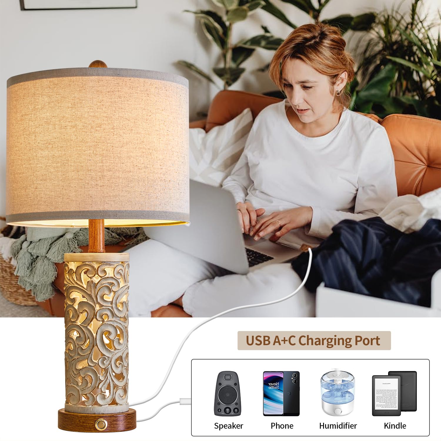 OYEARS 3-Way Dimmable 22'' USB Touch Control Table Lamp Set of 2, Brown, Nightlight for Living Room and Bedroom, Bulb Included