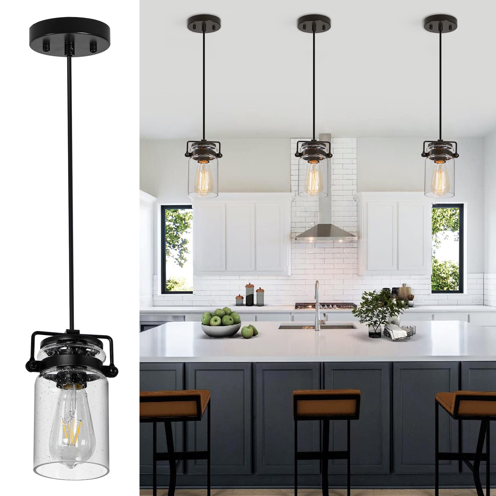 Pendant Lighting for Kitchen Island, Modern Glass Pendant Light Linear Chandelier for Dining Room, 1 Light Industrial Hanging Li