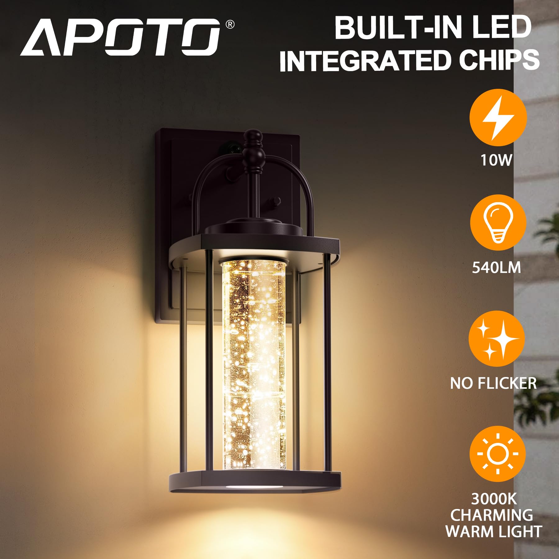 APOTO Outdoor Wall Lights, 10W LED Sconce with Crystal Bubble Glass, Bronze, 11.81 Inch, Dusk to Dawn for Porch, Front Door, Garage