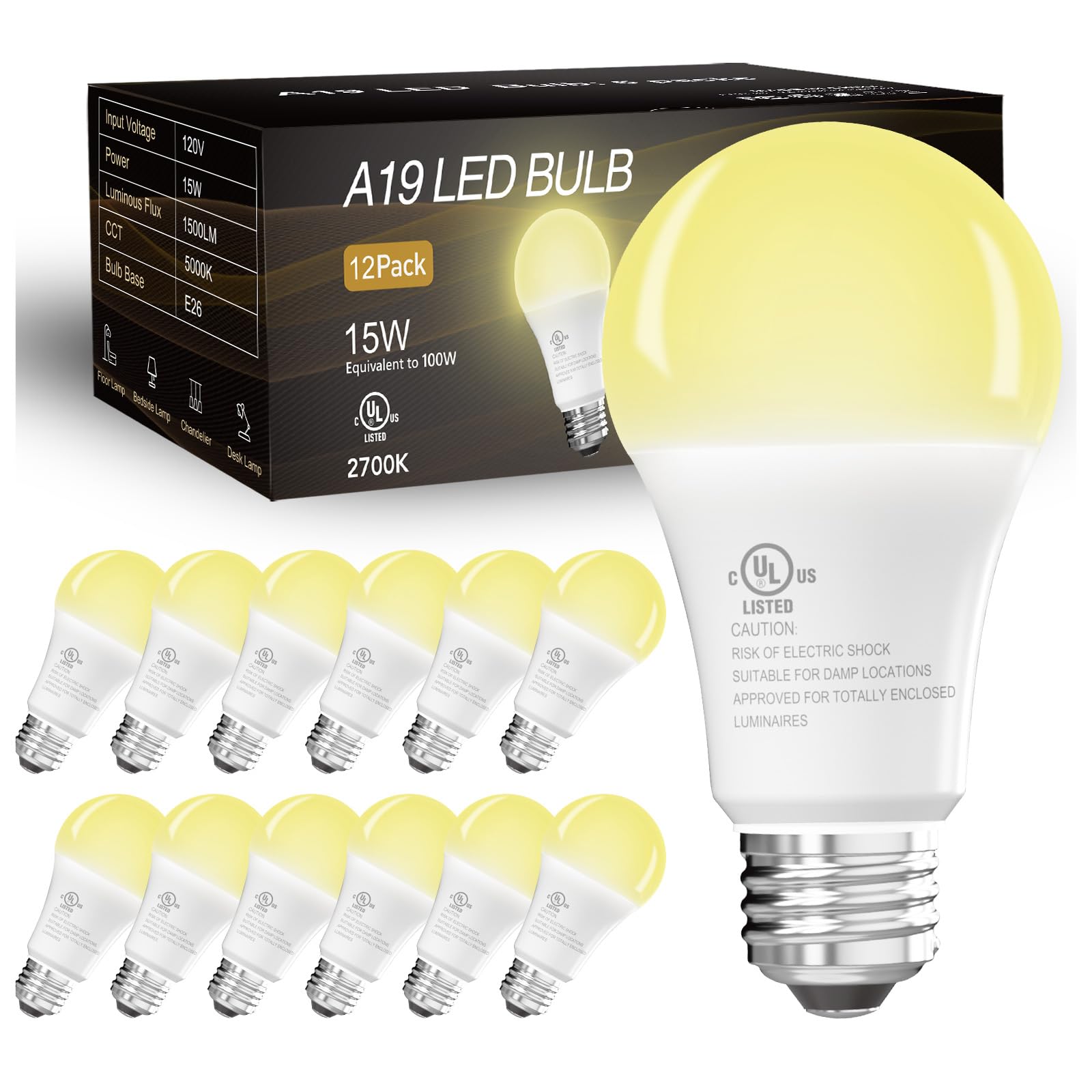 Dalattin 12 Pack Led Bulbs Soft White 2700K, 100 Watt Equivalent A19 Standard Bulbs, E26 Base, 1500 Lm, Efficient 15W Energy Sav