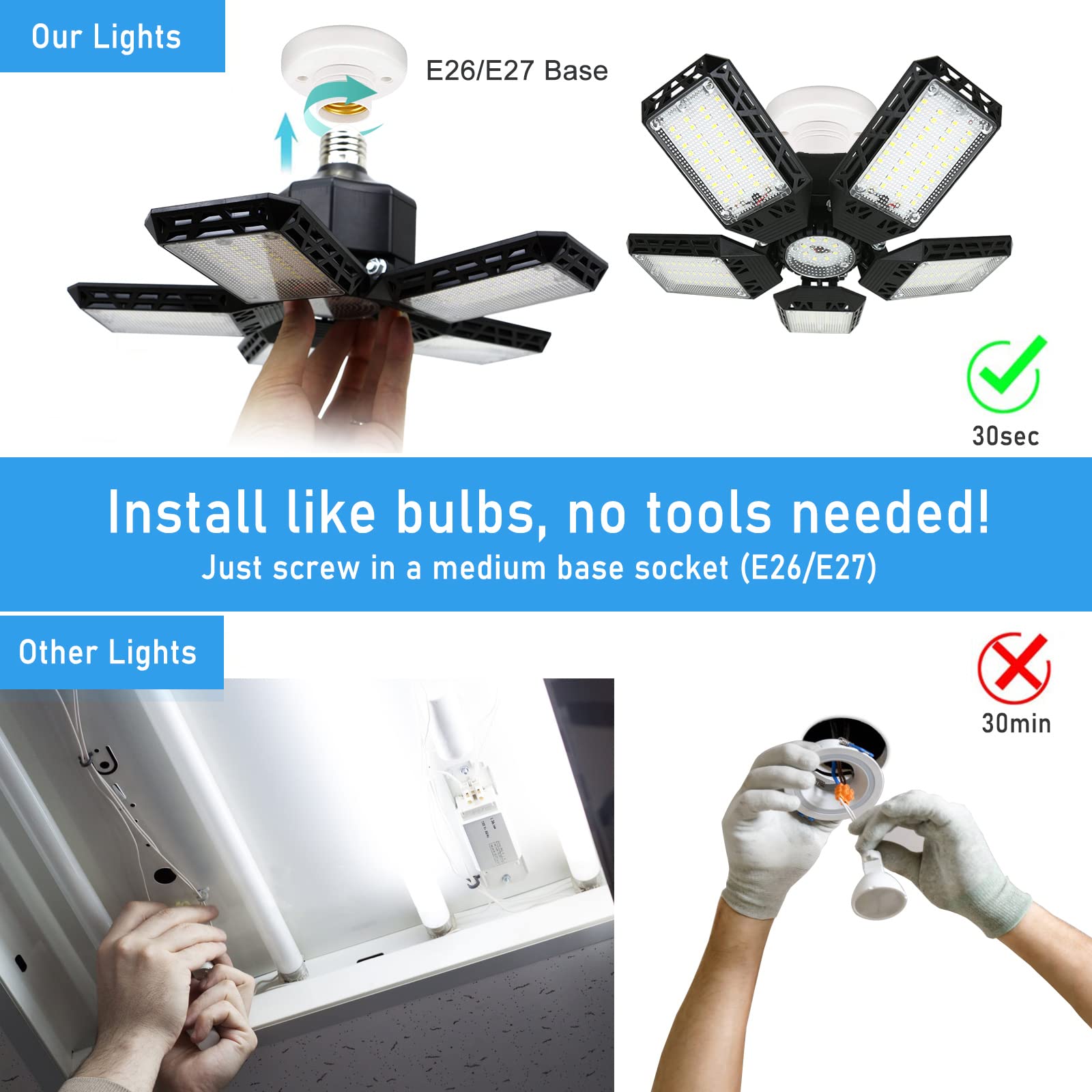 2Pack Led Garage Lights, 160W 16000Lm Led Garage Ceiling Light 6500K Led Shop Light With 5+1 Deformable Panels, Screw In E26/E27