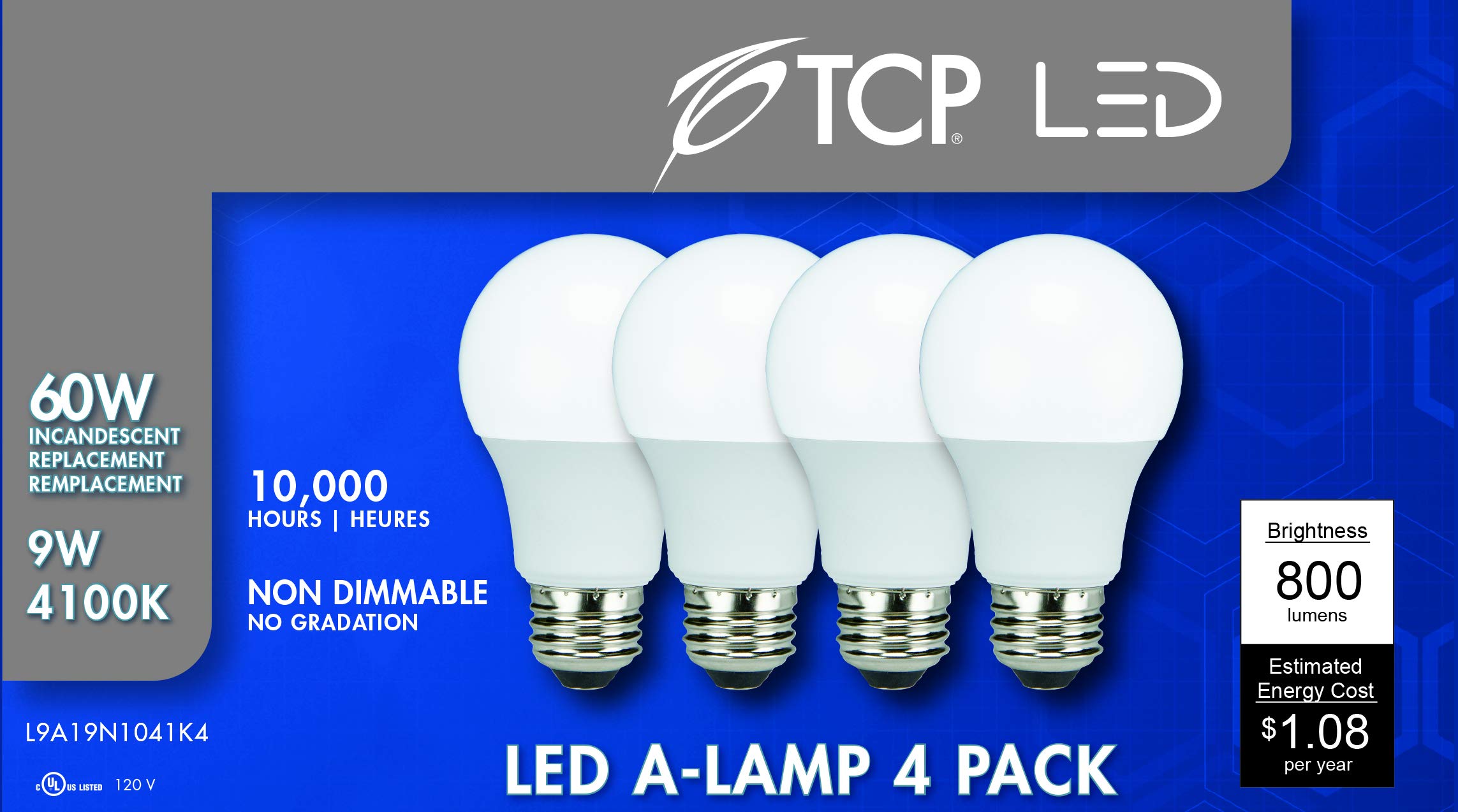Tcp Led 60 Watt Equivalent A19 | 4 Pack | Cool White (4100K) Shatter Resistent | 800 Lumens | 10,000 Hours | Non-Dimmable Light