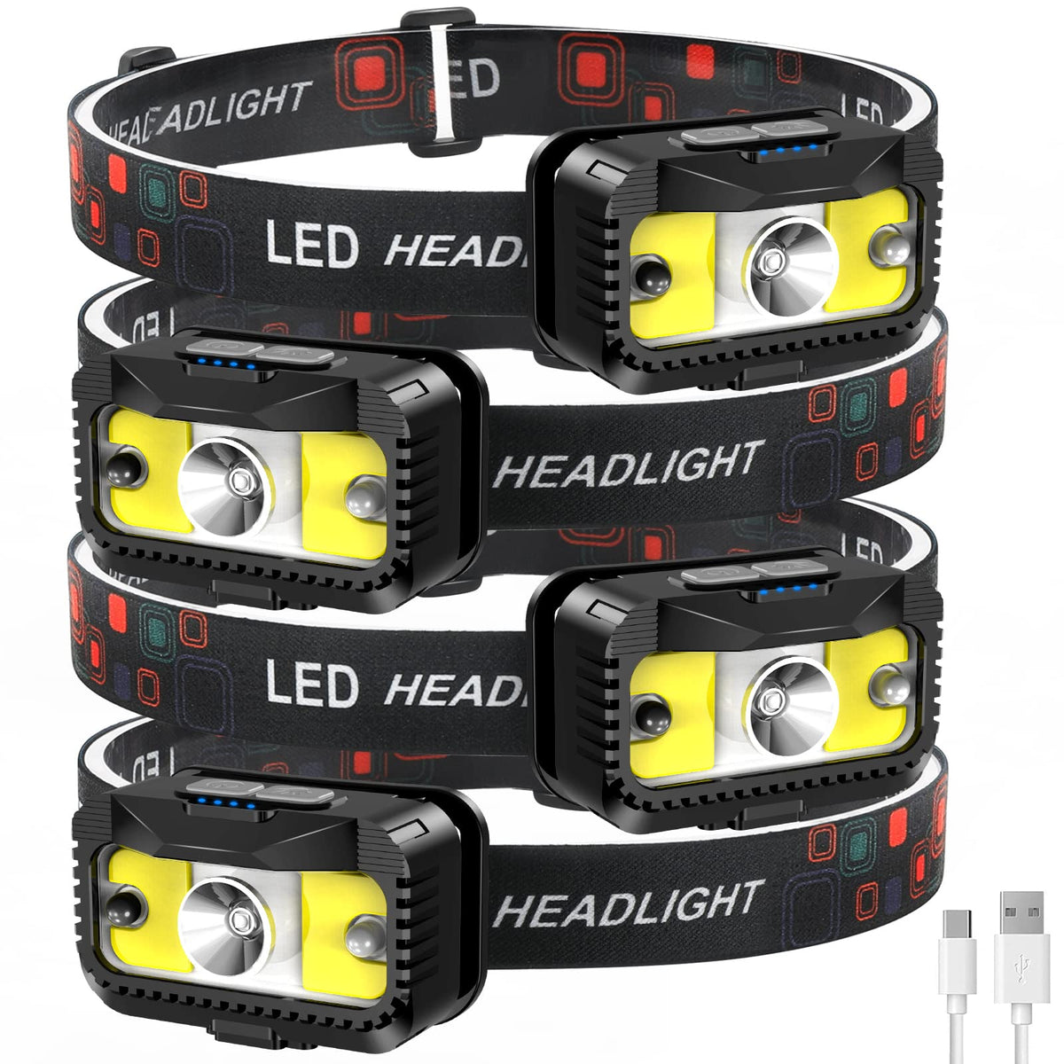 Mioisy Headlamp Rechargeable,1200 Lumen Ultra Bright Led Head Lamp Flashlight With White Red Light,Motion Sensor Waterproof Headlight,8 Modes Head Lights For Outdoor Camping Fishing Running-4 Pack
