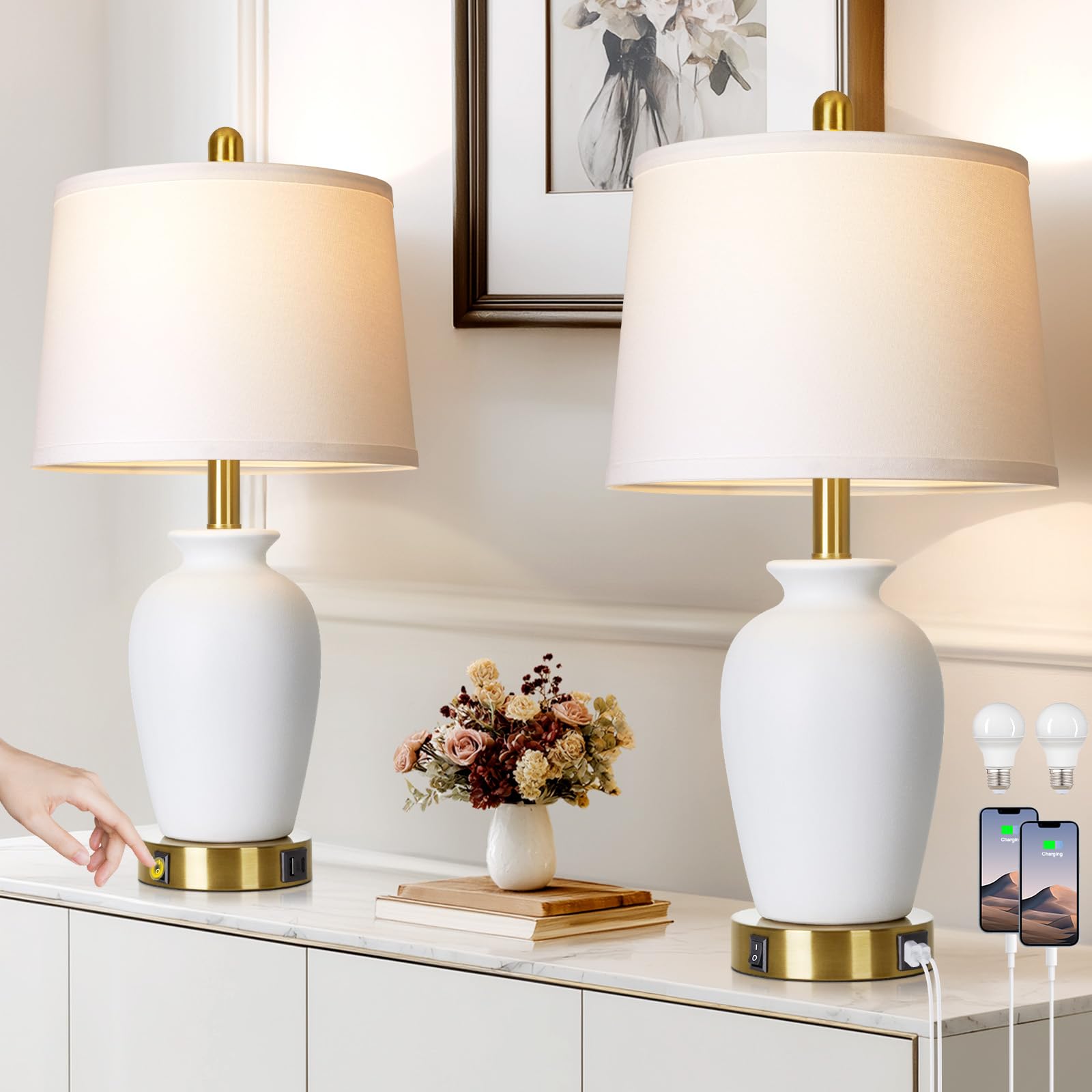 Cinkeda Set of 2 White Ceramic Modern Table Lamps with Ginger Jar Design - for Living Room Dining Room Bedroom Office Nightstand End Table