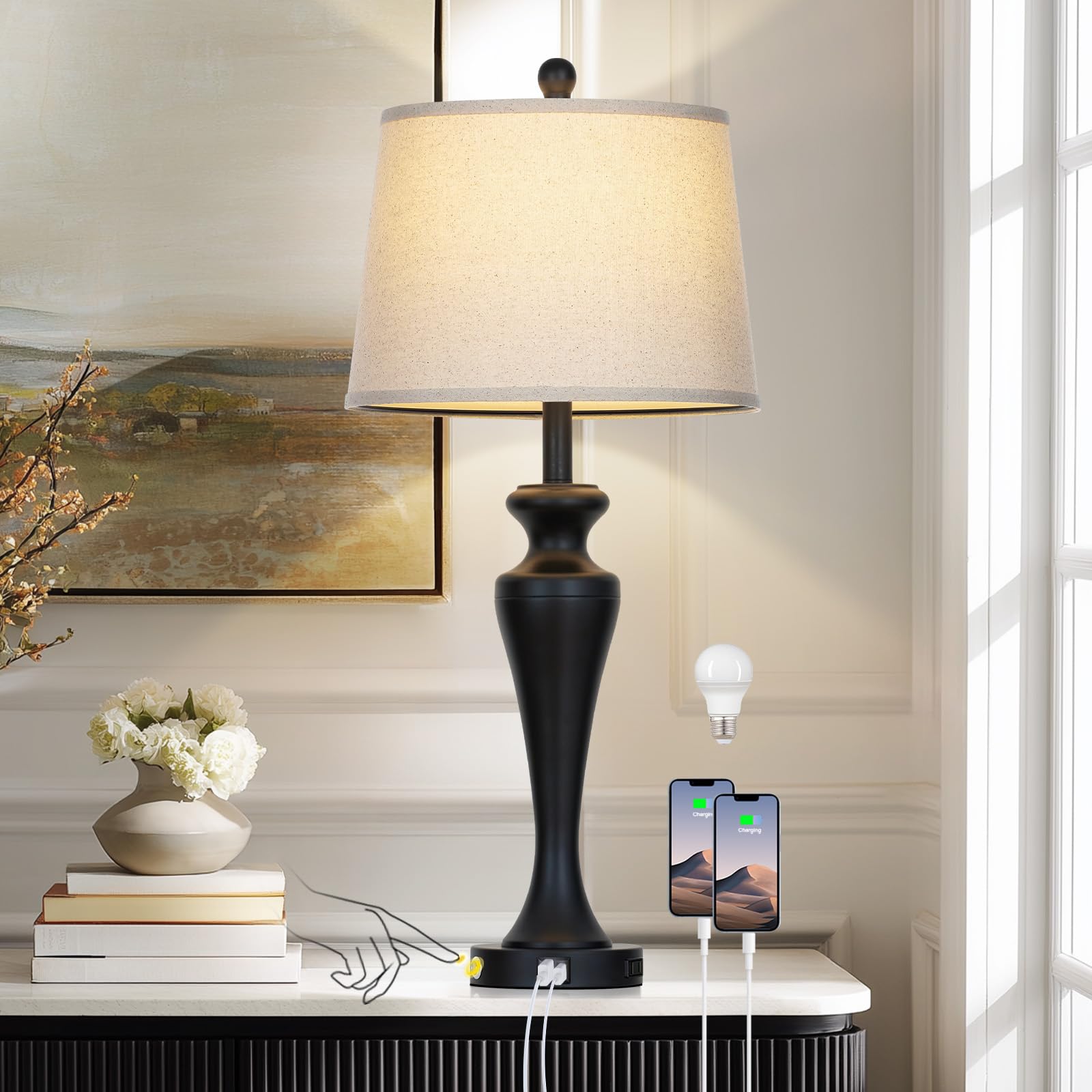 CINSARY 30 Inch Black Table Lamp for Living Room Single  3-Way Dimmable Touch Control Lamp with USB A+C Ports and AC Outlet  Tall Bedside Lamps  Metal Bedroom Lamps for Nightstand  Bulb Included