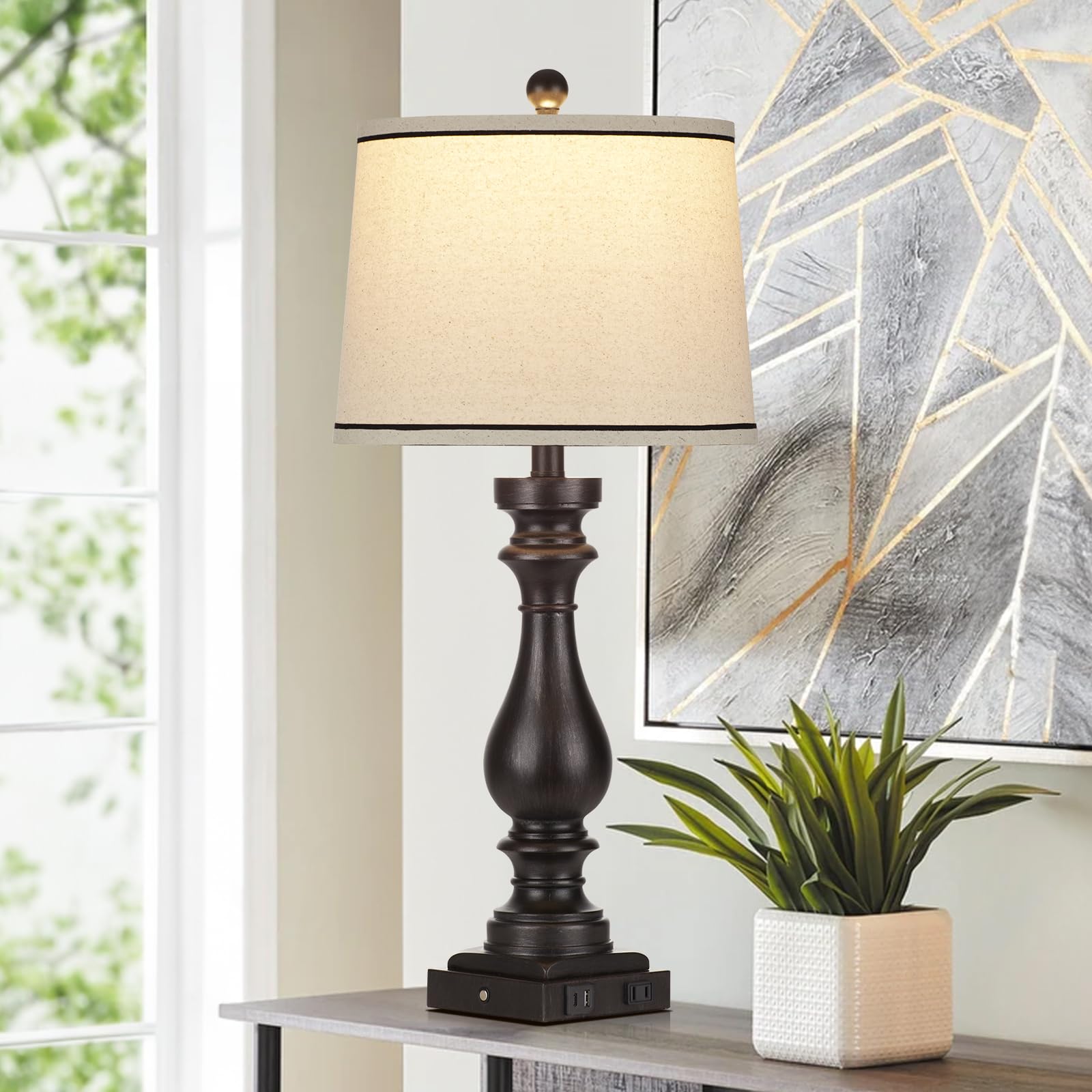 Rinweey 27.5'' Farmhouse Table Lamp For Living Room,Vintage Bedside Nightstand Lamp With Usb C+A Ports & Ac Outlet,3-Way Dimmabl