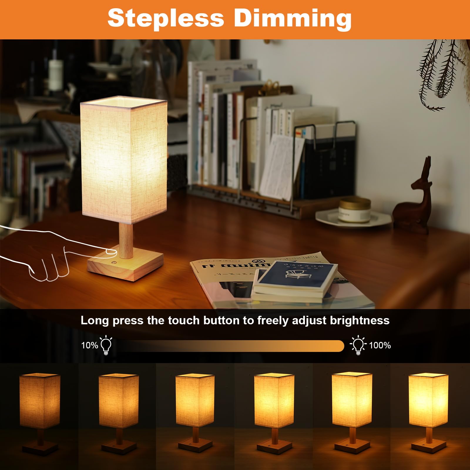 Rechargeable Cordless Touch Bedside Table Lamp With Stepless Dimming,Natural Wood Base&Linen Shade,Small Wireless Battery Ambien