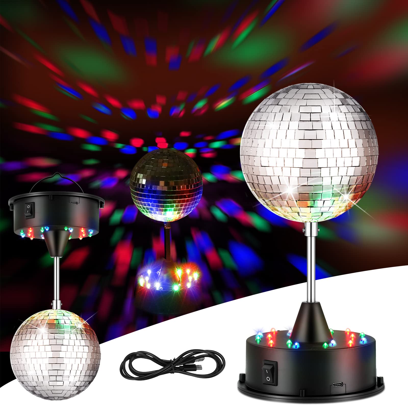 Retisee Mirror Disco Ball with Light Motor, 5in Rotating, 3 Light Colors, Black, Ideal for Parties, Weddings, Bars, and Home Decor