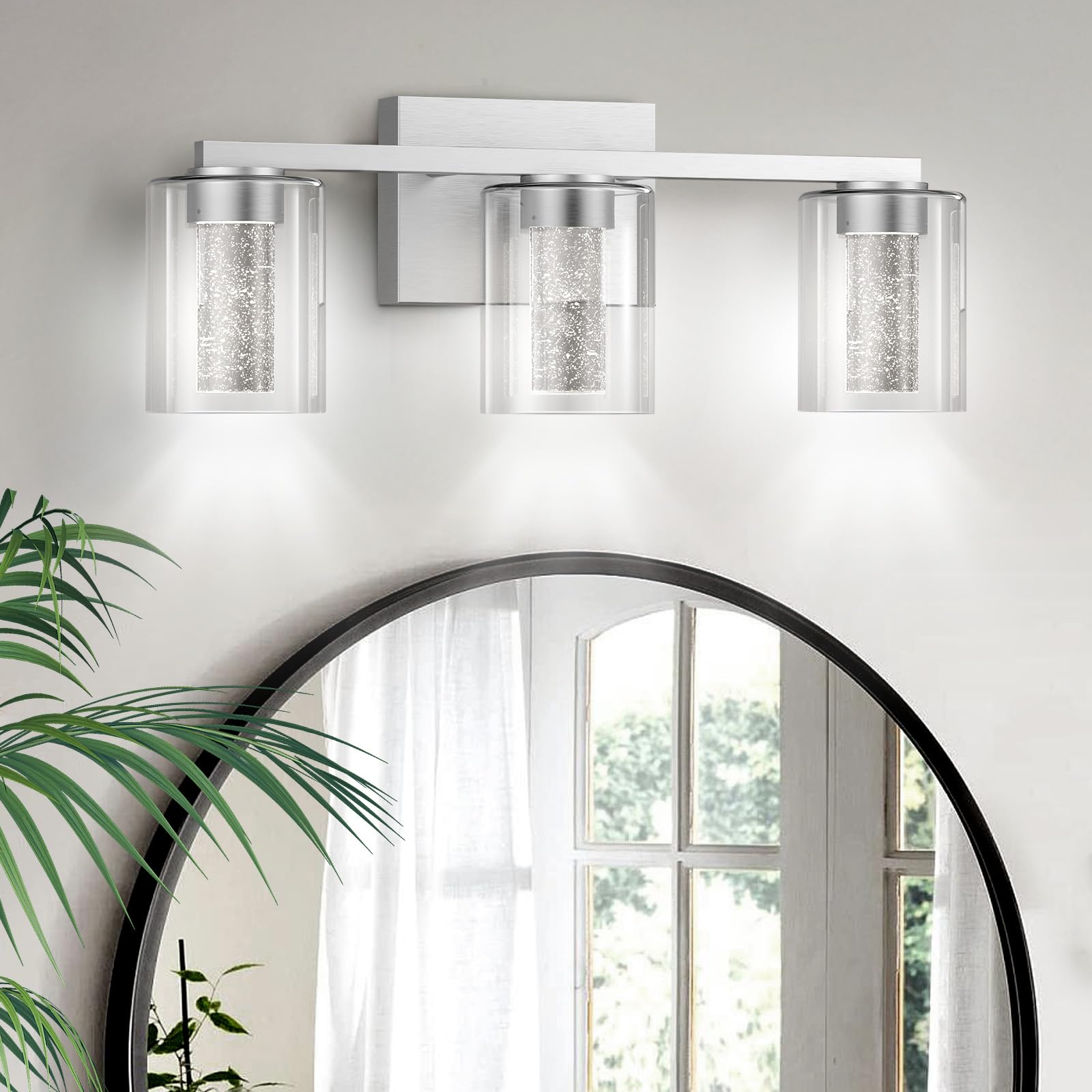 Led Modern Bathroom Light Fixtures Over Mirror, 3-Light Brushed Nickel Vanity Lights With 5 Color Modes, Dimmable Bathroom Vanit