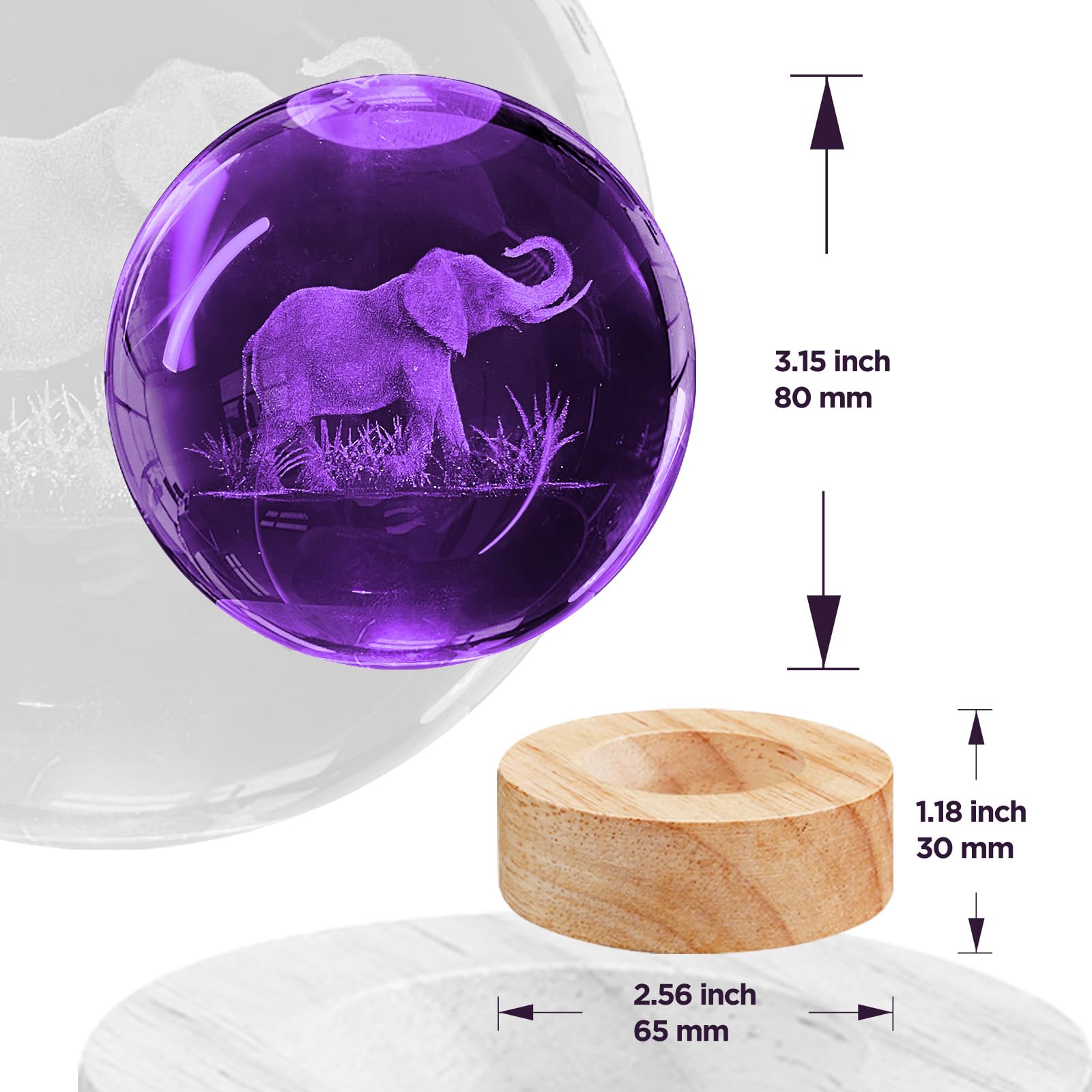 Pymin3D 3D Elephant Crystal Ball Night Light,3.15In K9 Crystal Ball Lamp With 16 Colors Change,Wooden Base And Remote Control De
