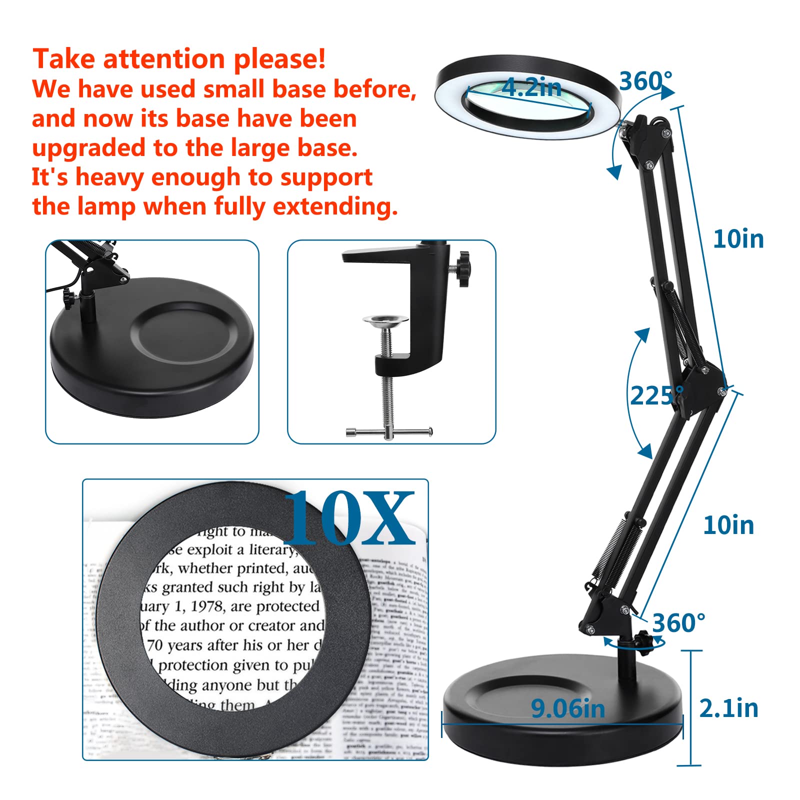 10X Magnifying Glass With Light, Hitti 1,800 Lumens Stepless Dimmable, 3 Color Modes, 4.2 Real Glass Lens Led Desk Lamp & Clamp, Magnifier Light And Stand For Crafts Welding Close Work