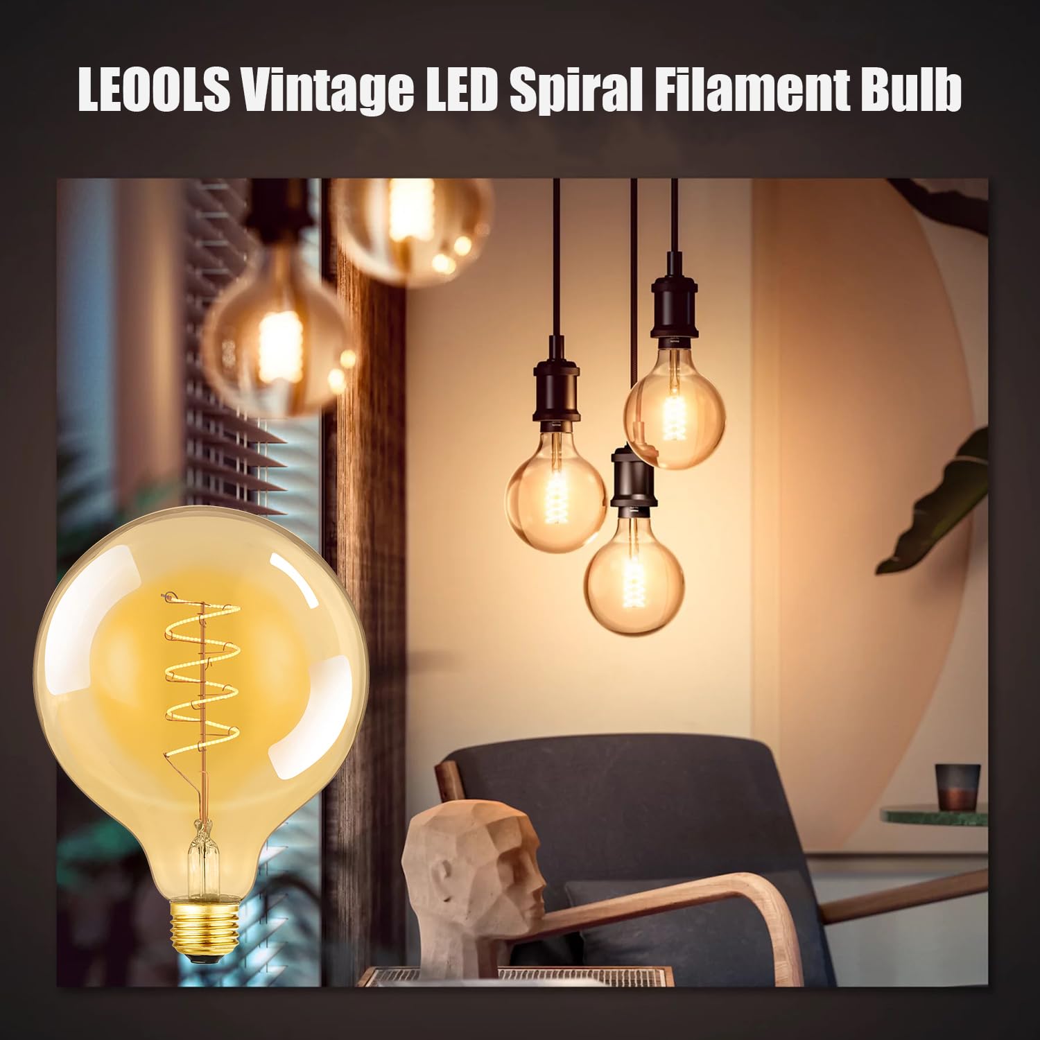 Leools Vintage LED Spiral Filament Bulb E26 Base 6W Dimmable Amber Glass Warm White 2200K Pack of 2
