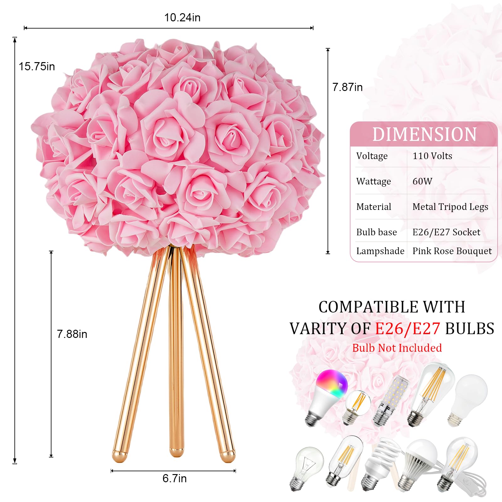 Zyleisenbao Pink Rose Flower Lamp Cute Table Lamp Flower Desk Lamp Floral Bedside Nighstand Light Atmosphere Girls Princess Lamp With Gold Tripod For Bedroom Wedding Christmas Gift Hotel Living Room