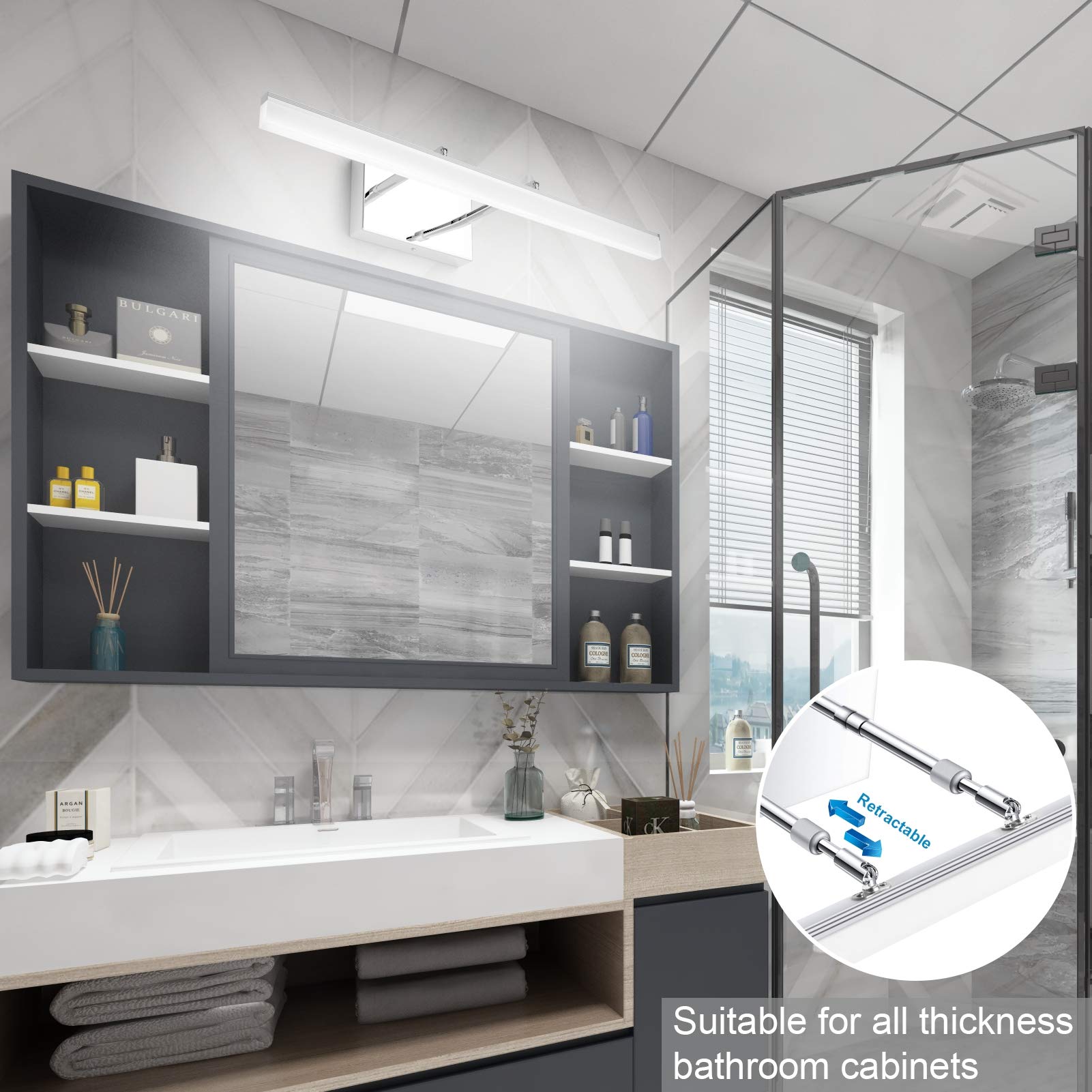 Aipsun 24" Modern LED Vanity Light Fixture, Chrome Stainless Steel, Model 6480, Adjustable Bathroom Lighting Over Mirror, 5500K