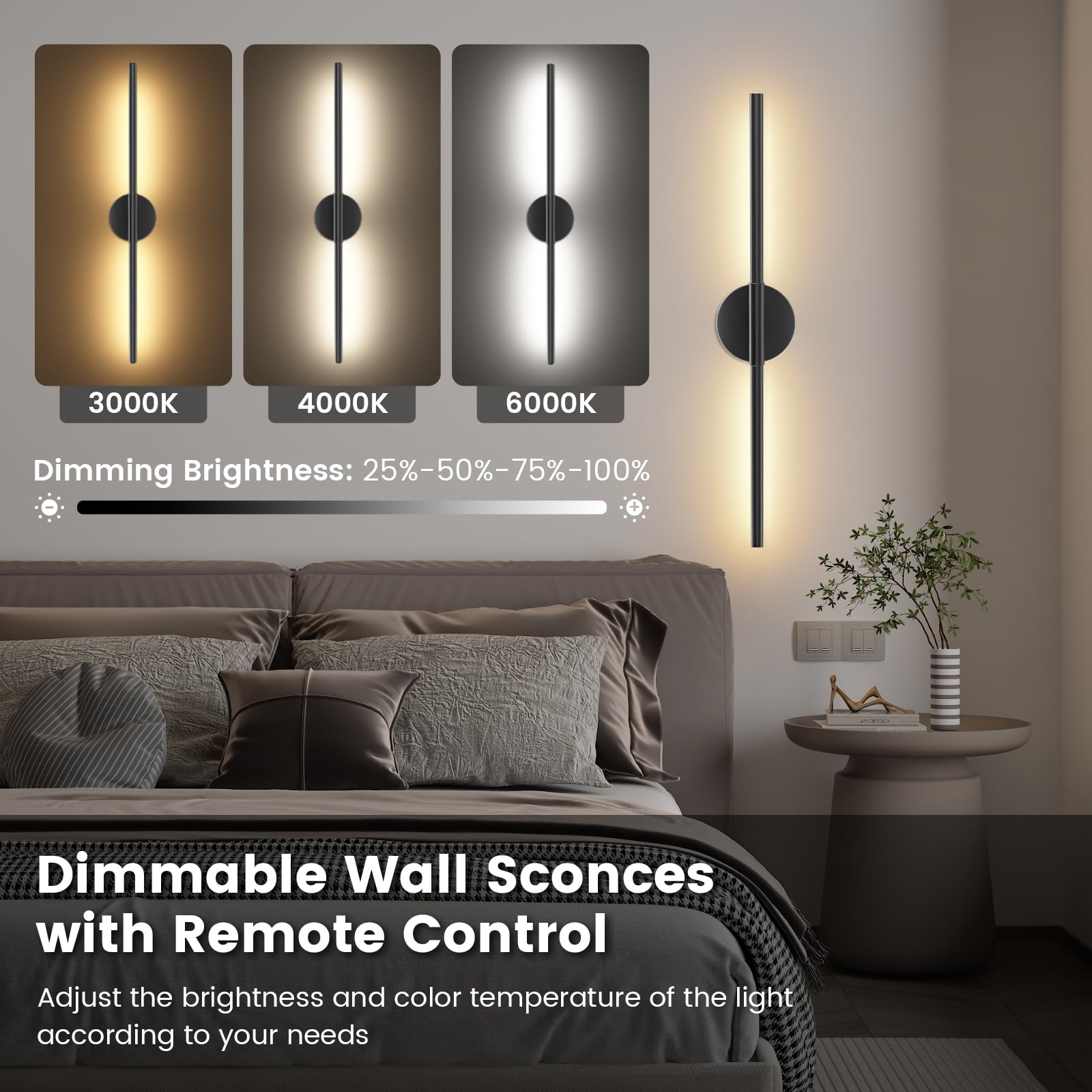 JOFIOS Battery Operated Wall Sconces Set of 2, 27.6 Inch Dimmable Wireless Lights, 360° Rotation, Black, Model JFS61244