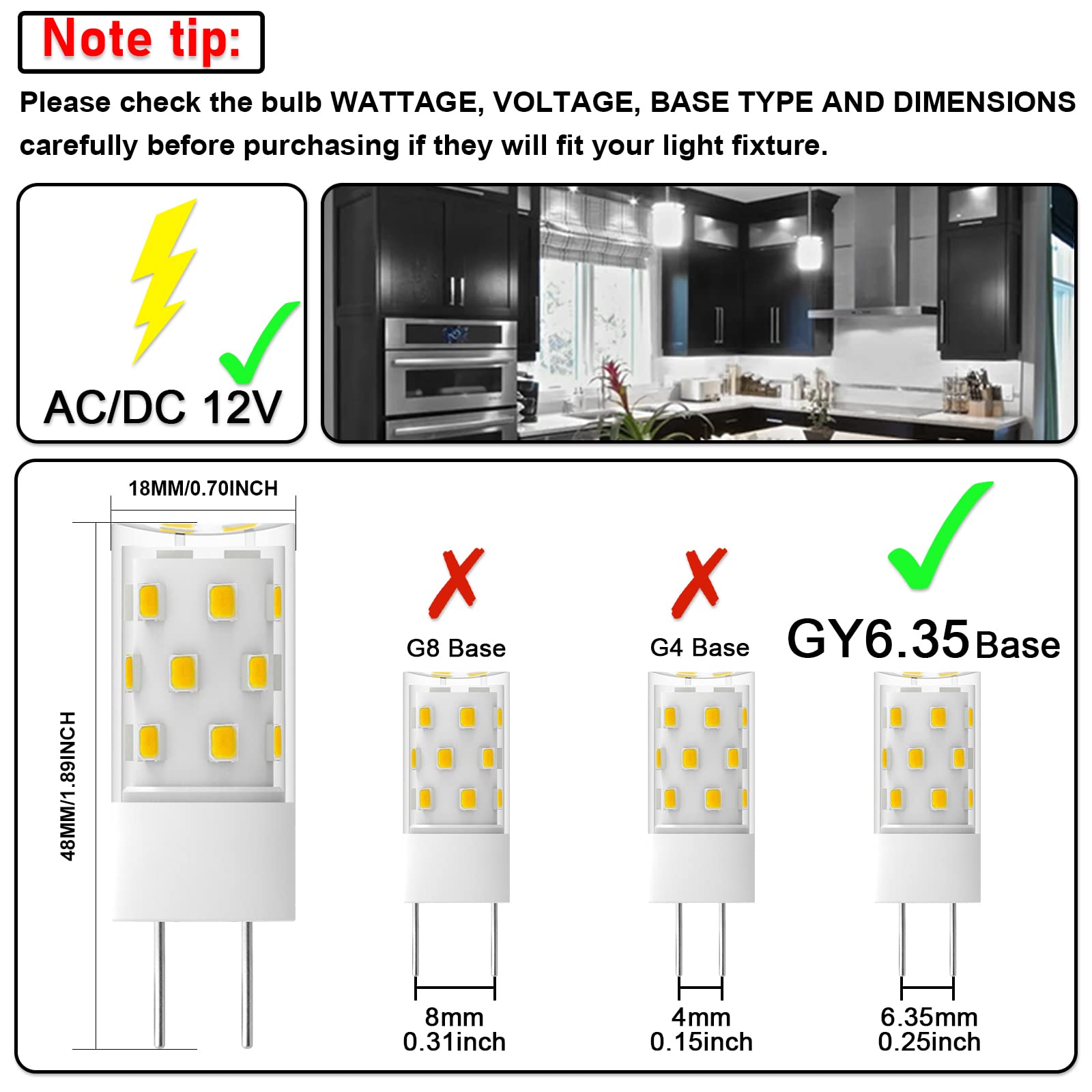 GY6.35 LED Bulb 5W Equivalent to 50W Bi-pin Base Halogen Bulb, AC/DC 12V Daylight White 6000K for Pendant Light, Chandelier, Des