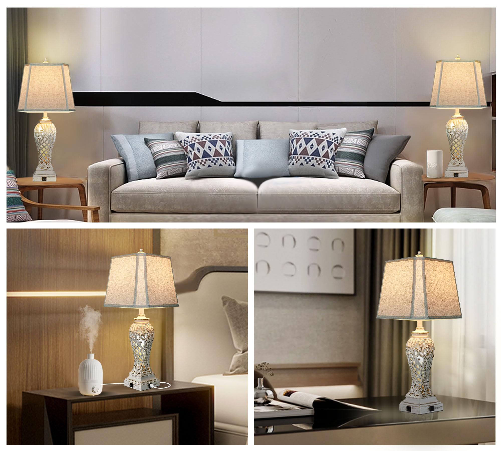 iKopyal Set of 2 Coastal Nautical Table Lamps, 29'' Tall Resin Bedside Lamp with USB, White Fabric Shades, Model YM0270Hollow2p