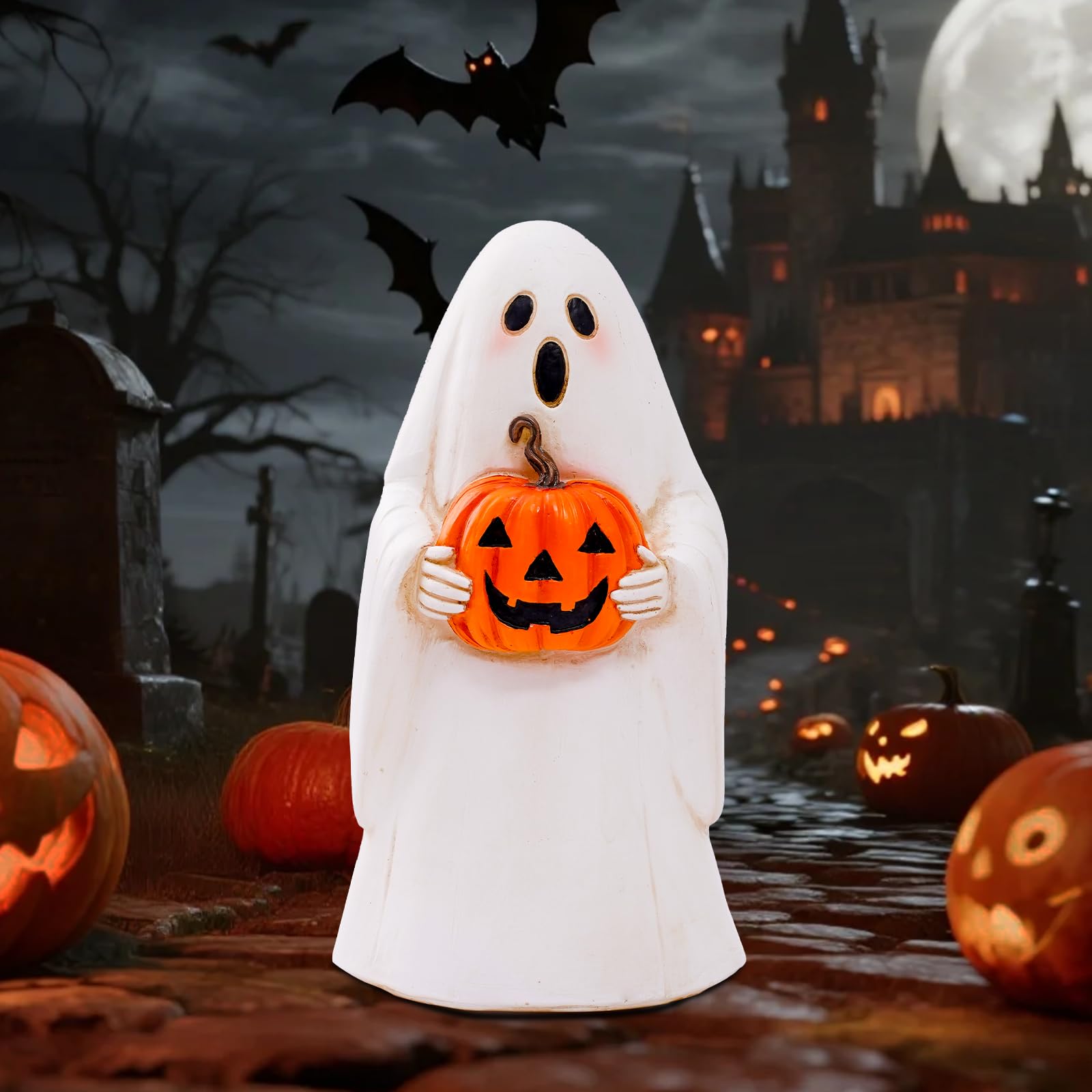 Pohabery Cute Resin Ghost Statue - Solar-Powered Halloween Decor, White, Outdoor Light Up Figurine For Yard & Porch, Model Zf1Bg250501