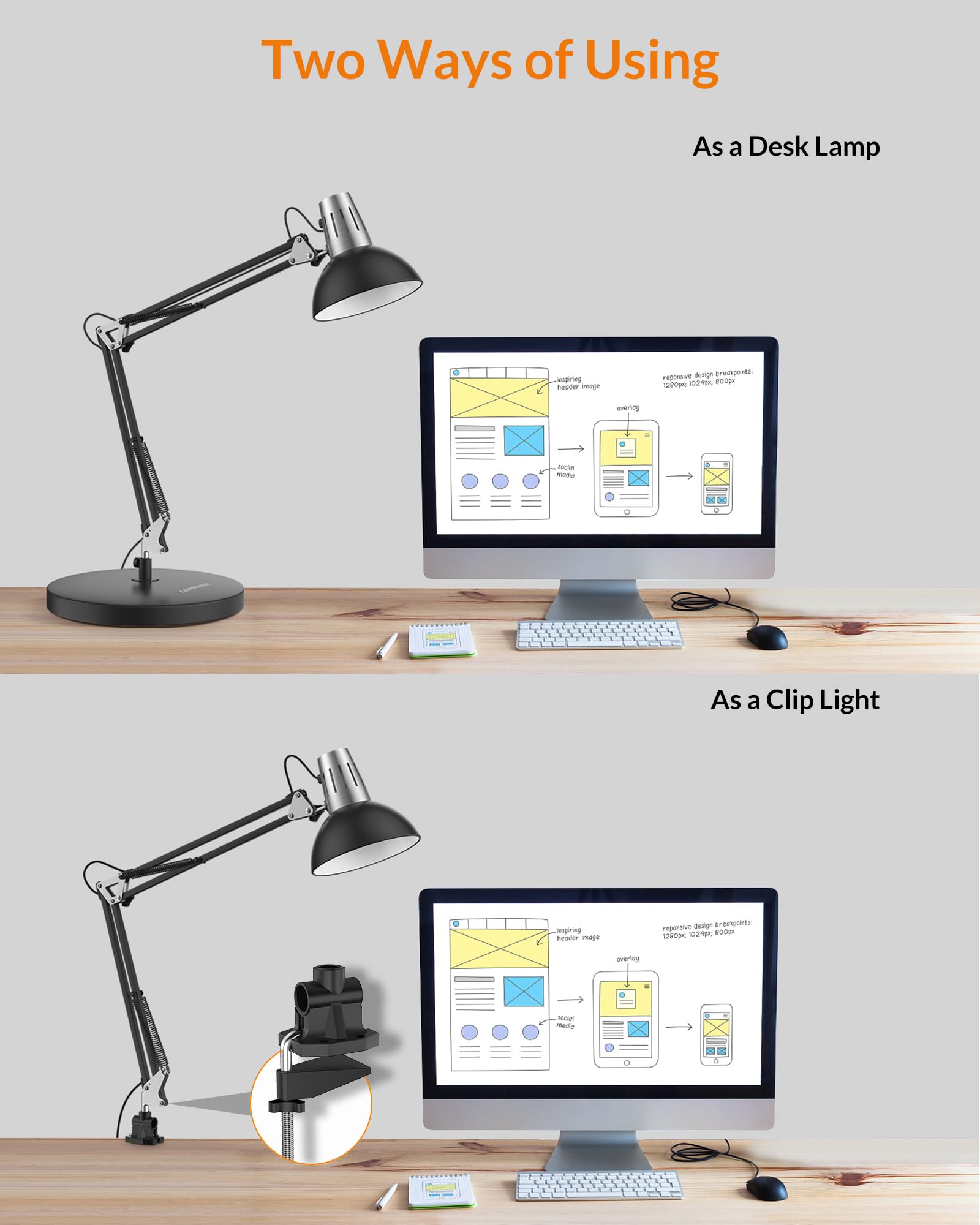 LEPOWER Metal Desk Lamp, Adjustable Goose Neck, On/Off Switch, Clamp, Black, Model UT2020