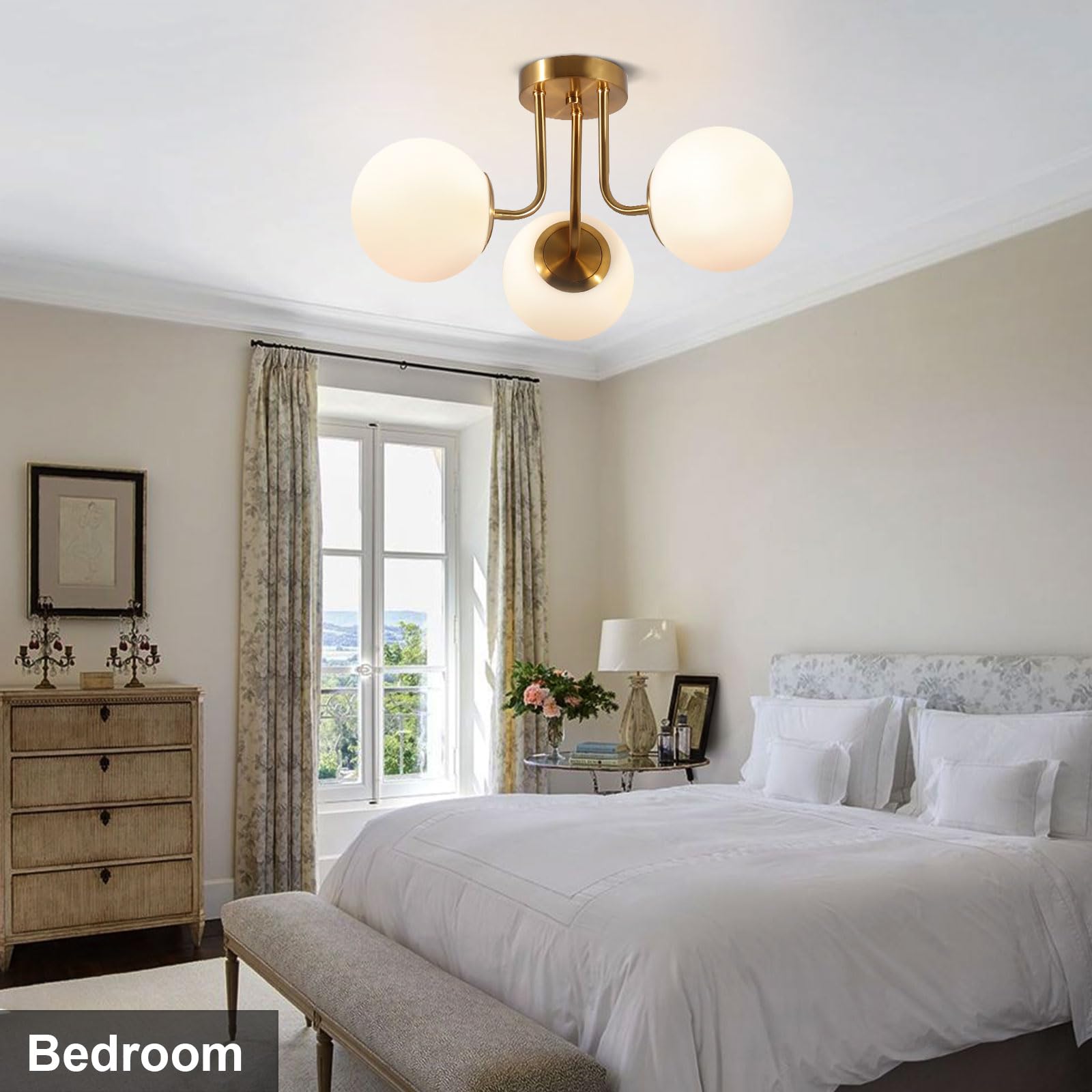 Bektas 3-Lights Semi Flush Mount Ceiling Light Fixture, Brushed Gold with White Globe, Model 303-230616BA-US479, Ideal for Bedroom & Living Room