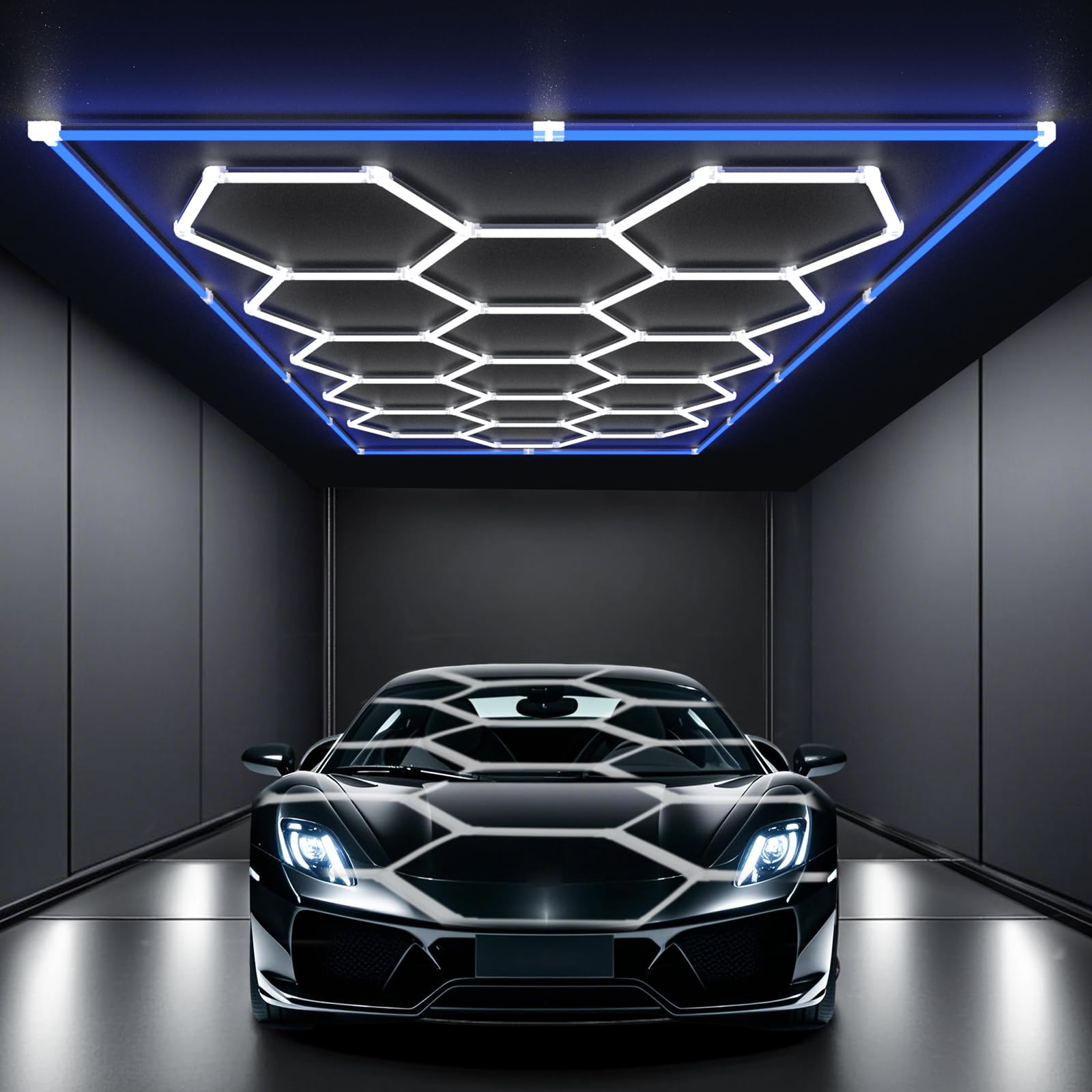 HYPERLITE Gen 2 Hexagon Garage Lights: 15 Grids with Border DIY Hexagon Led Lights  6500K Ultra Bright  Easy Install Hex Light  Durable Design for Garage  Car Detailing  Workshops  Gym(Blue)