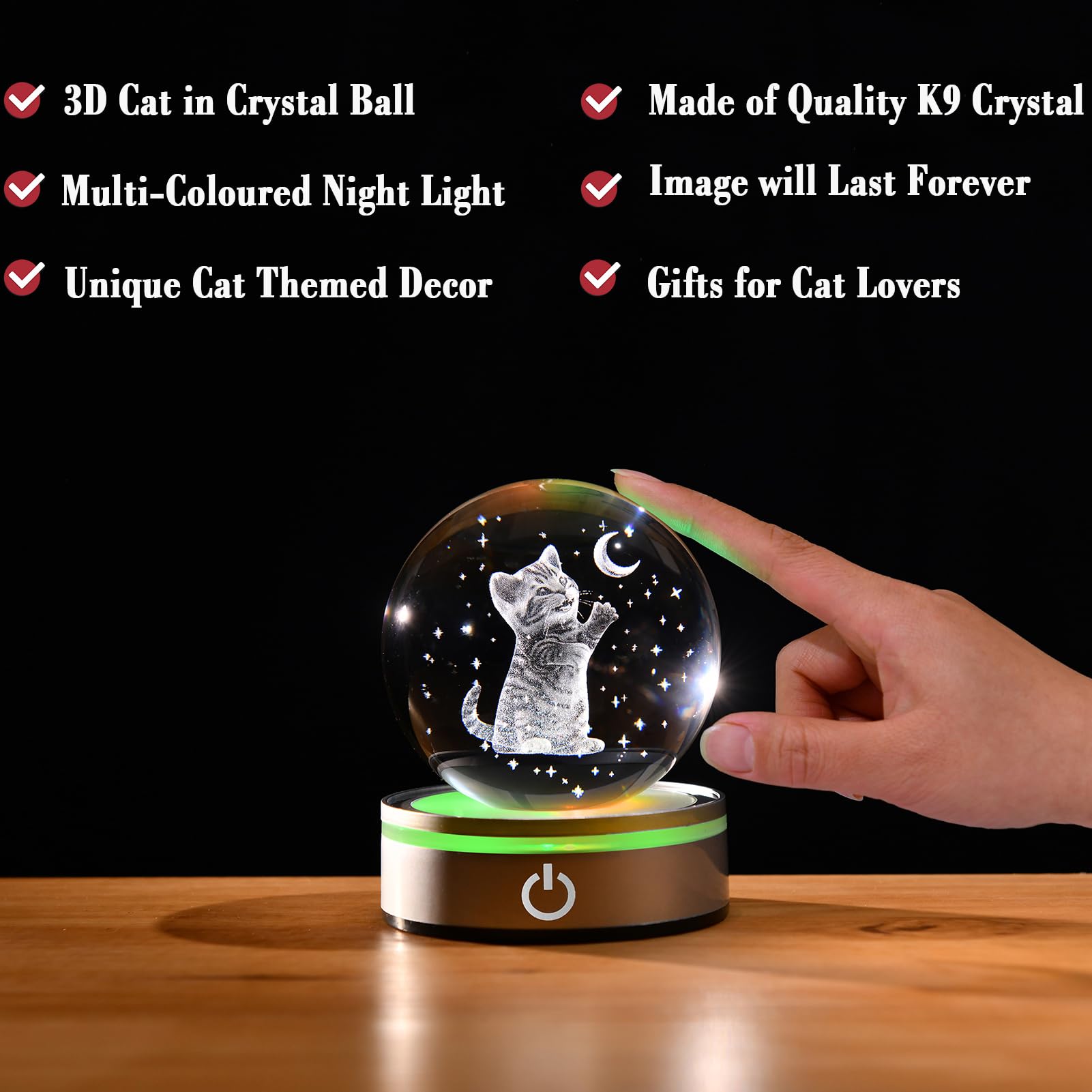 Ifolaina Cat Themed Gifts For Women 3D Crystal Ball Night Light 3.15In Globe Figurine Lamp Cat Lovers Presents For Birthday Mothers Day