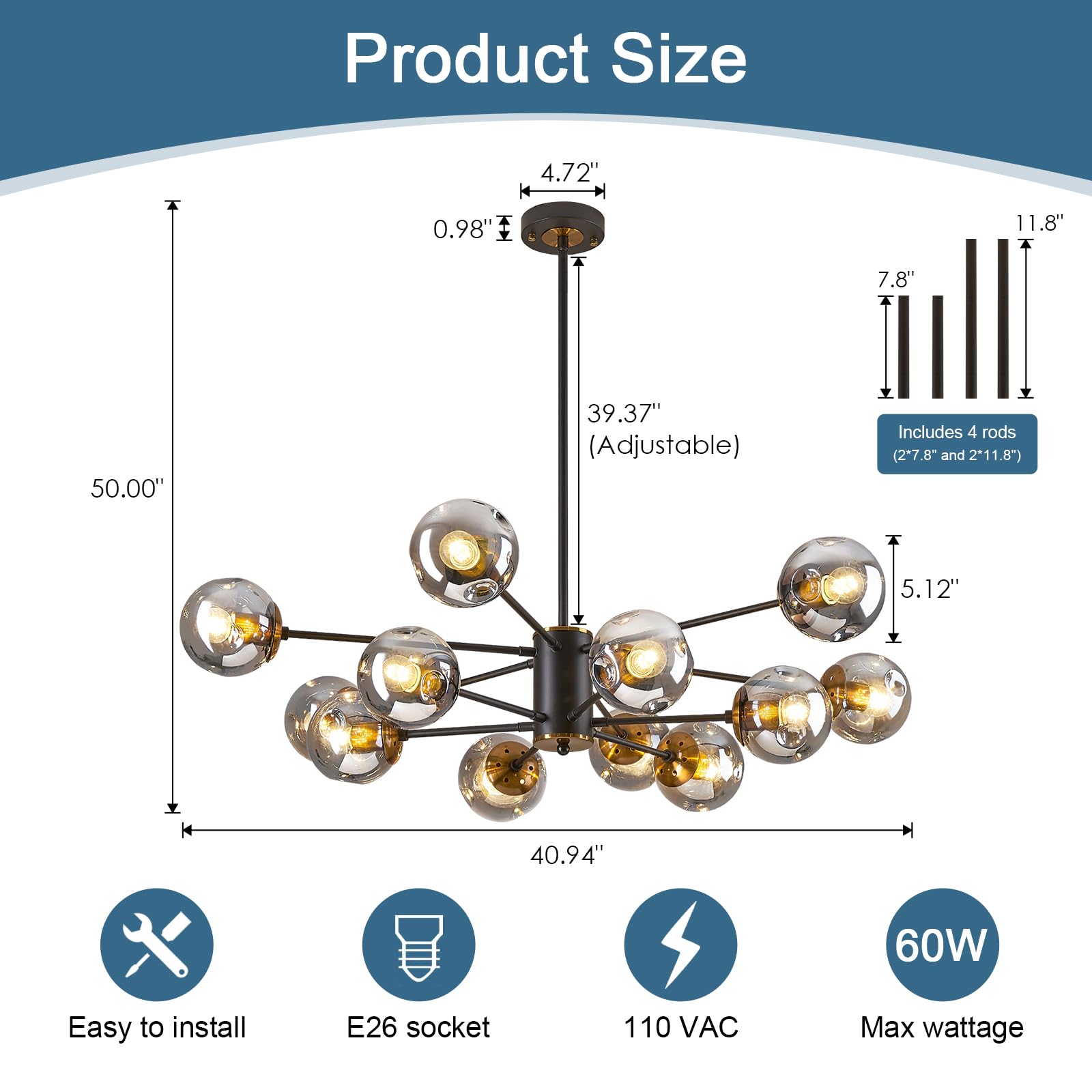 DDLLDESHI 2-Tier Gold Chandelier, 12-Light Sputnik Fixture, Globe Glass Shades, 41" Large for Dining Room, Hotel, Bar, Billiard Room