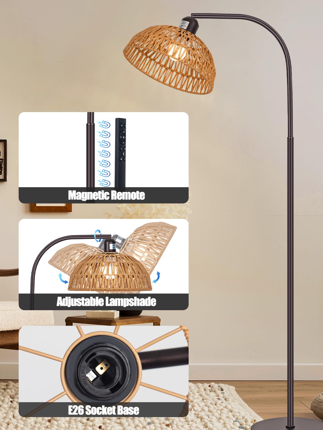 Boho Floor Lamp With Remote- Bronze Floor Lamps With Stepless Dimmable Bulb, Remote Control, Hand-Worked Adjustable Rattan Lamp Shades, Brown Rattan Standing Lamp For Living Room, Bedroom, Office