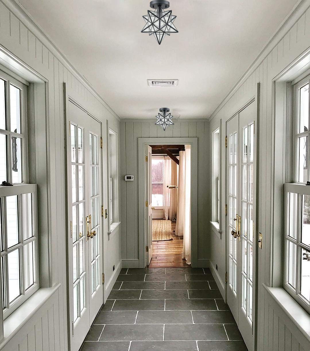 AXILAND Moravian Star Flush Mount Ceiling Light Seeded Glass 12in Black for Living Room Bedroom Bathroom Hallway