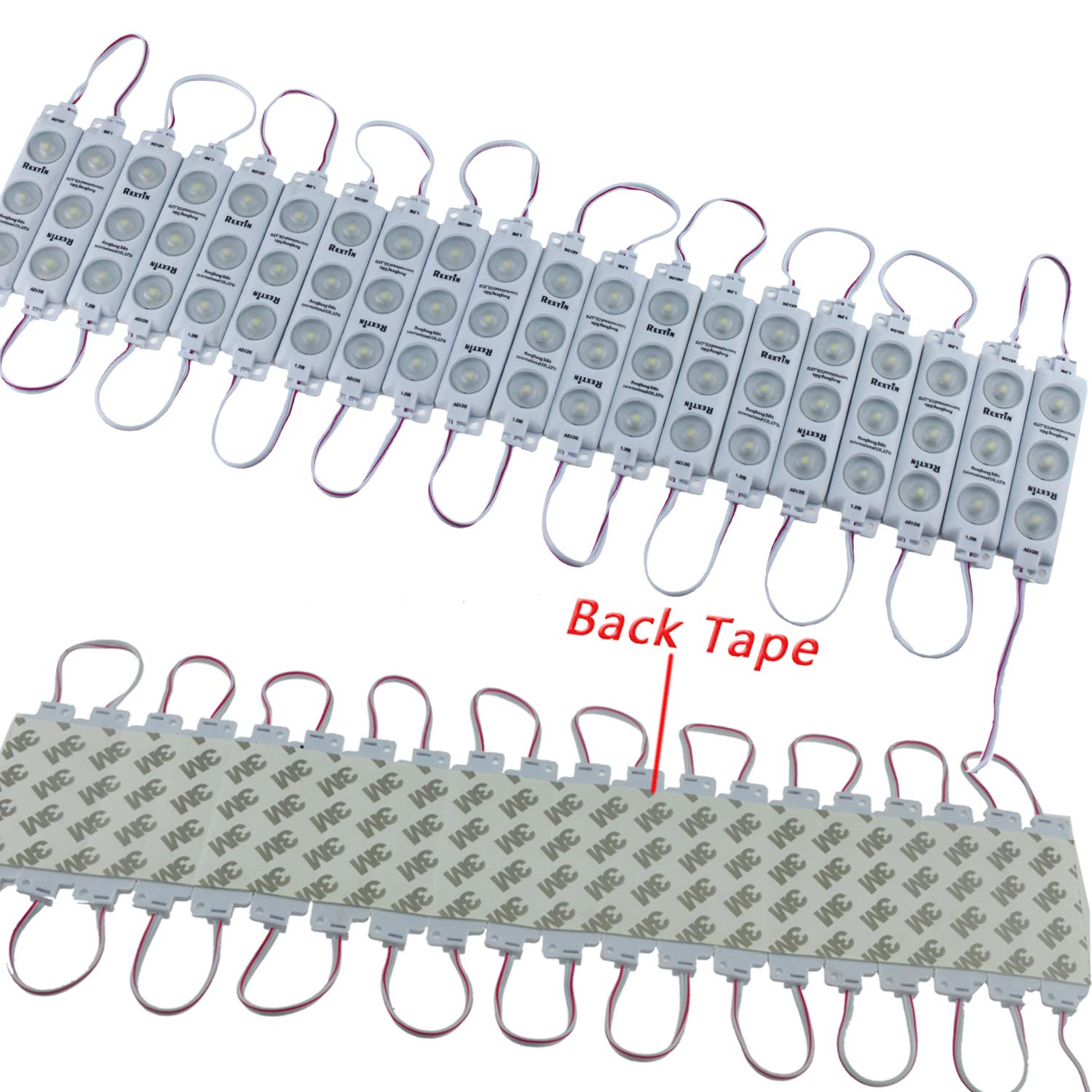 REXTiN 200PCS Super Bright Red 3LED 2835 LED Module, IP68 Waterproof Decorative Lights for Signs with Tape & Wire Crimp Cap