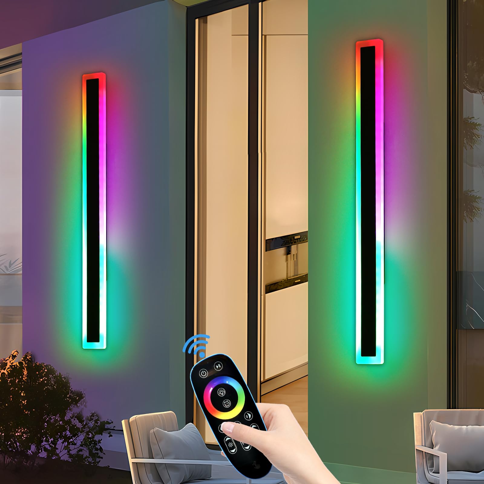Daoseolo 2 Pack Modern Outdoor Wall Light  59Inch Rgb Led Wall Sconce  Ip65 Waterproof  10 Colors Dimmable Wall Mount Light Fixture For Fence  Garage  House  Black Aluminium  With Remote Control