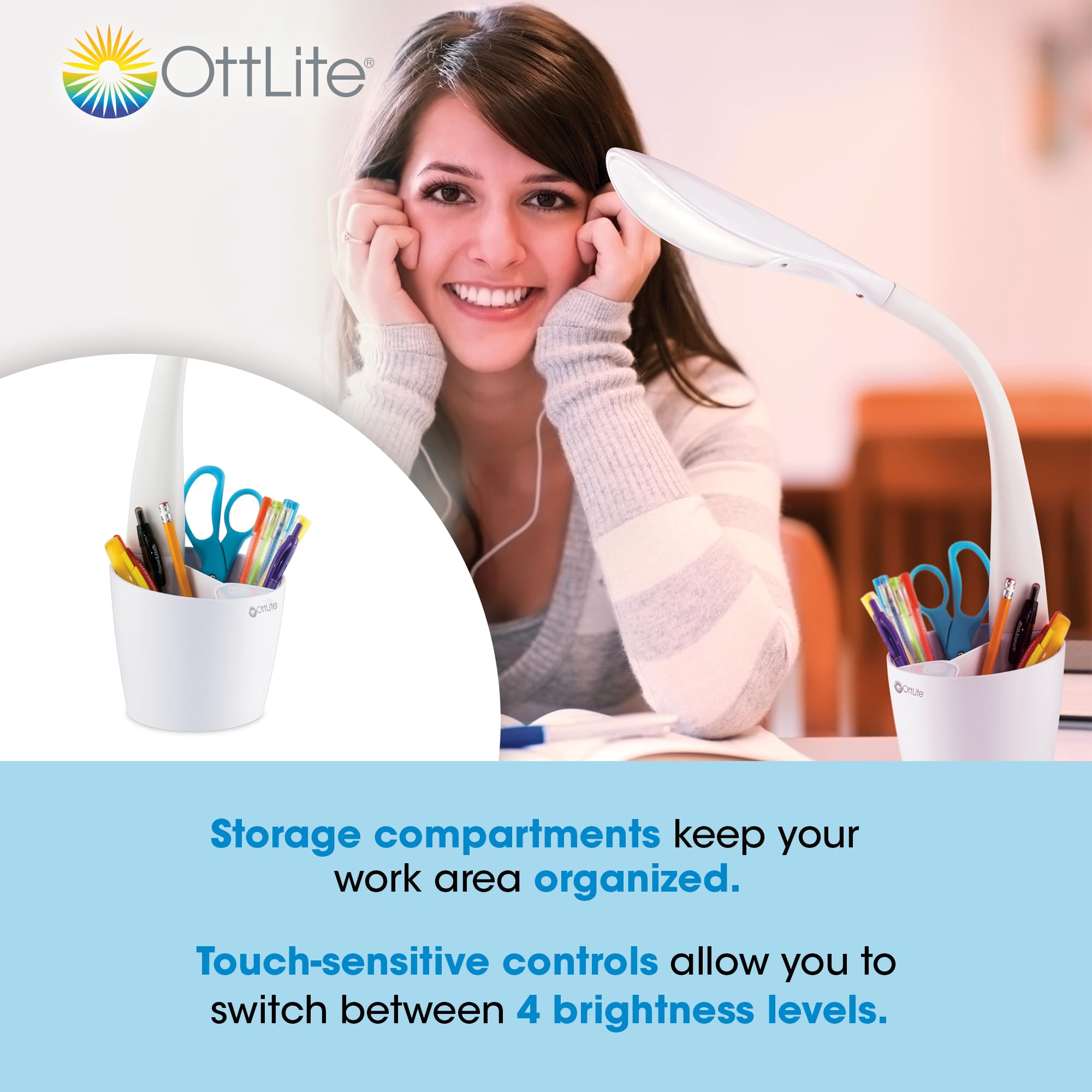 Ottlite Led Desk Lamp Space Organizer With Flexible Neck Height - 4 Brightness Settings With Touch Activated Controls, Energy-Ef