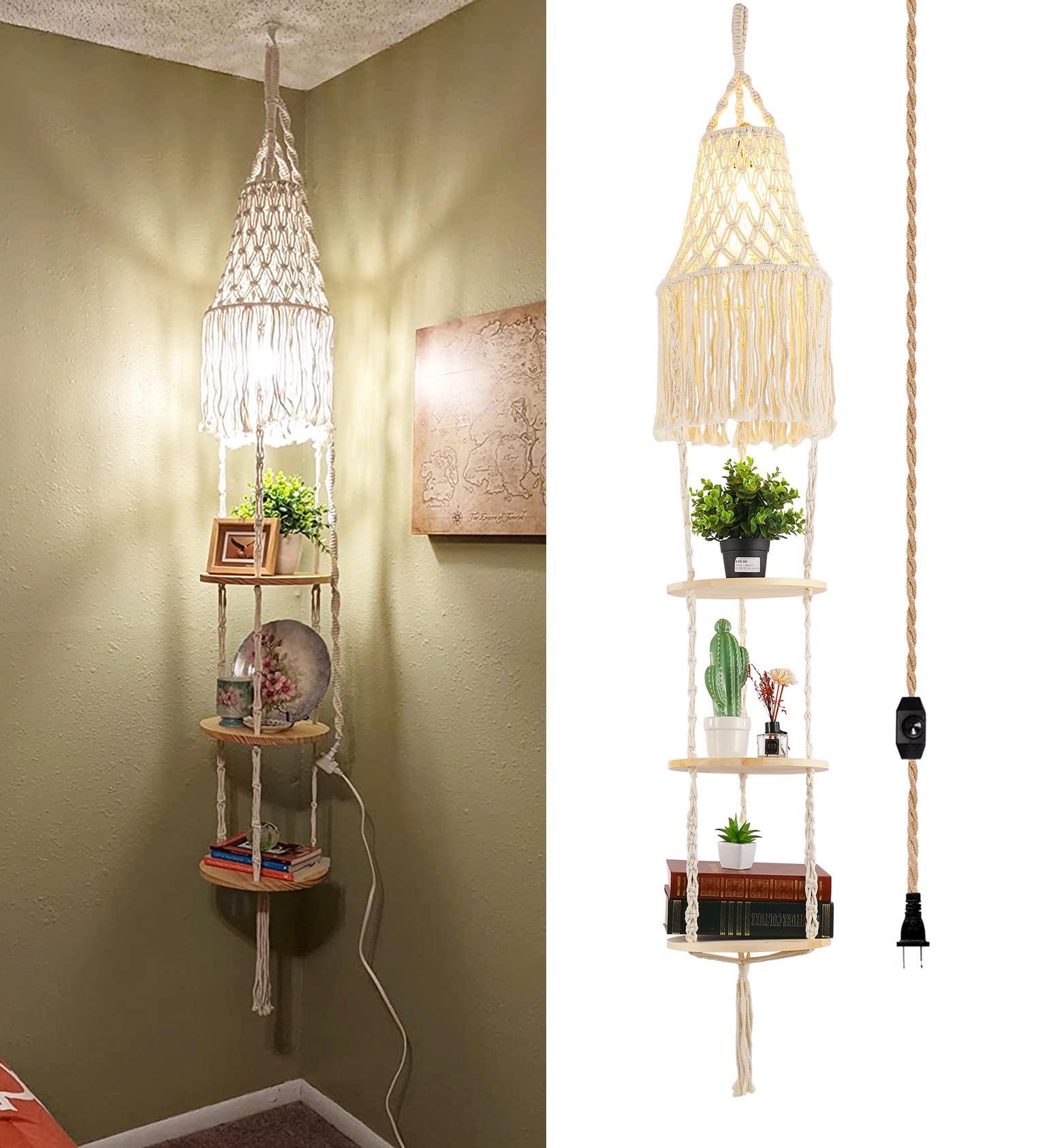 QIYIZM Boho Pendant Light with Plug-in Cord, Dimmable Switch, Macrame Shade, Indoor Hanging Lamp, White, Boho Hanging Light