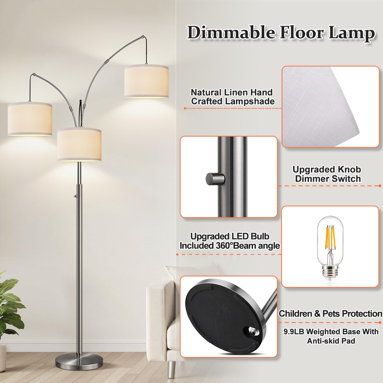 Nintiue Dimmable Floor Lamp - 3-Light Brushed Nickel Arc Lamp with White Shades, Mid Century Design, Model F1378, 1000LM