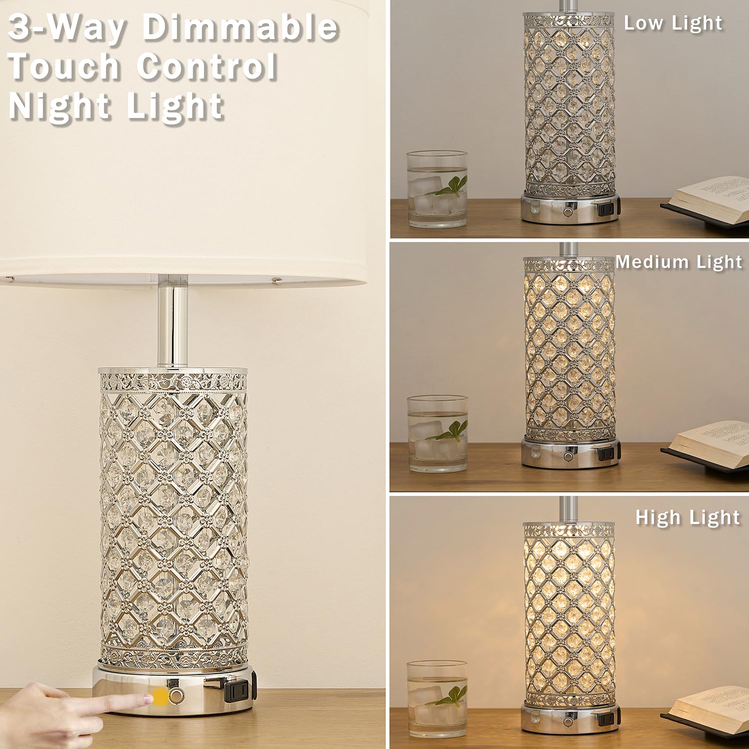 Saiweya Modern Crystal Table Lamp Set Of 2-24'' Silver Bedroom Lamps 3-Way Dimmable Touch Lamp With Night Light, 2 Usb Ports + A