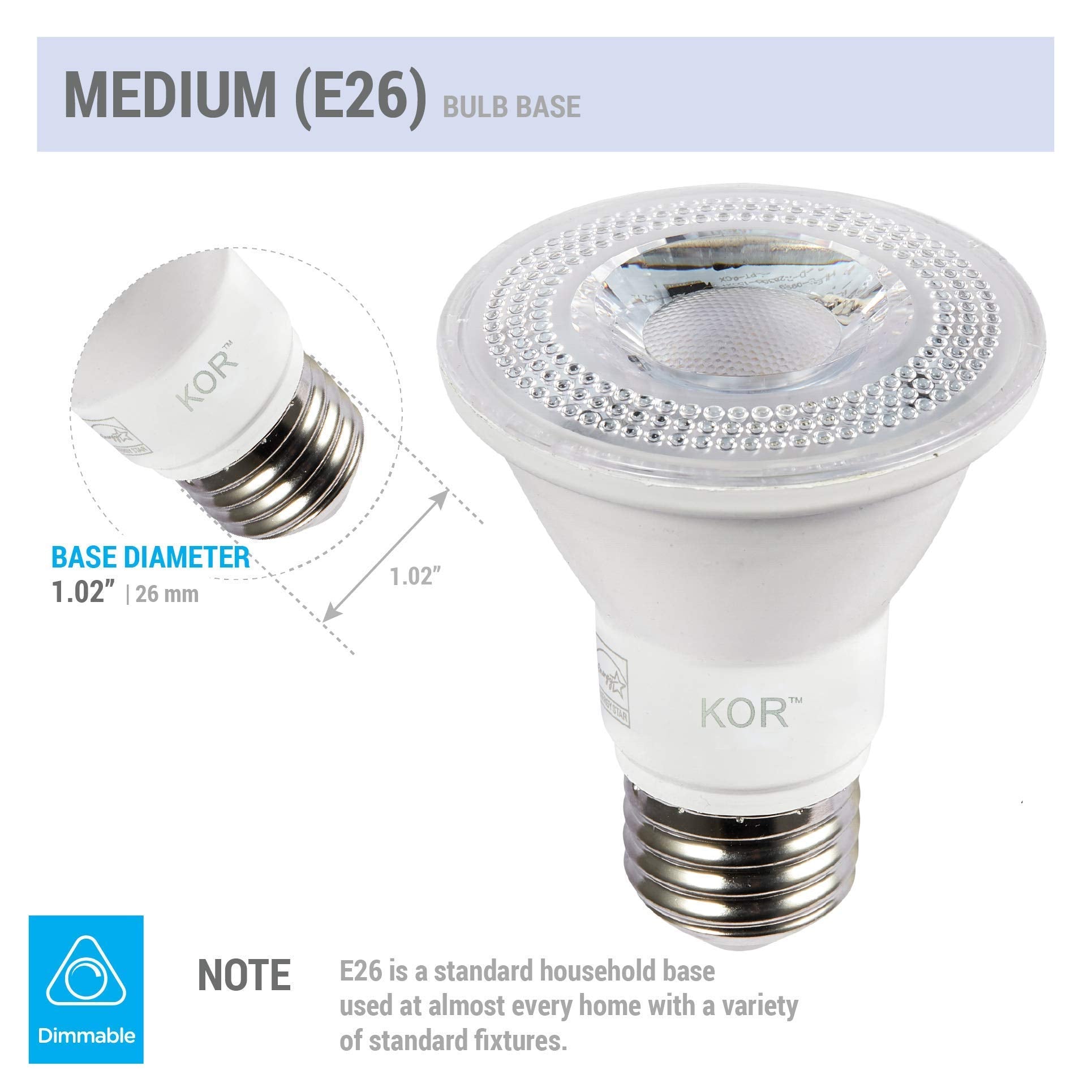 KOR LED PAR20 Light Bulbs, 8W Dimmable, 4000K Cool White, Pack of 6, E26 Base, Waterproof for Indoor/Outdoor Use, Model K