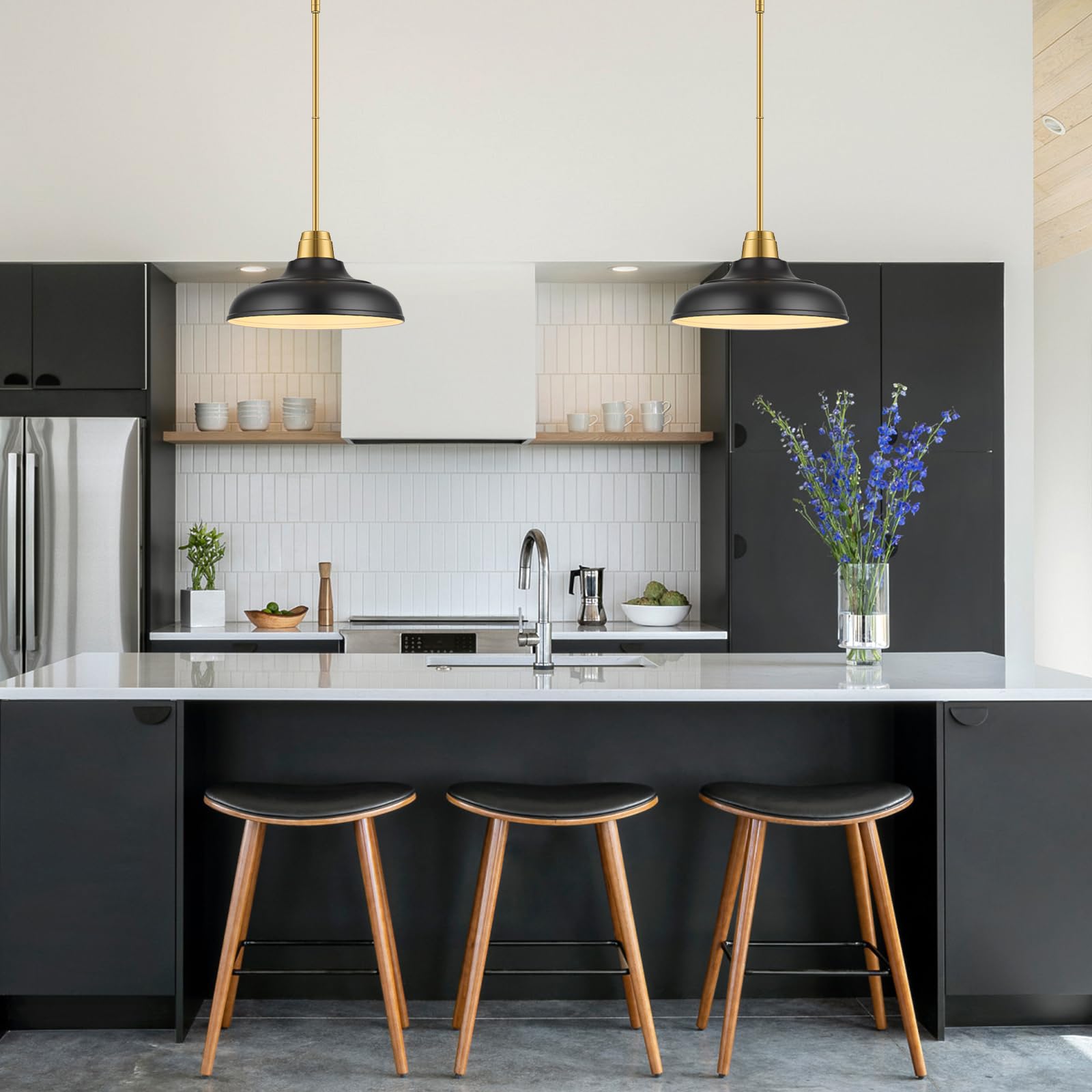 Qianzhan Black And Gold Pendant Lights Kitchen Island, 2Pack Matte Black Pendant Lighting Gold Modern Metal Hanging Ceiling Ligh