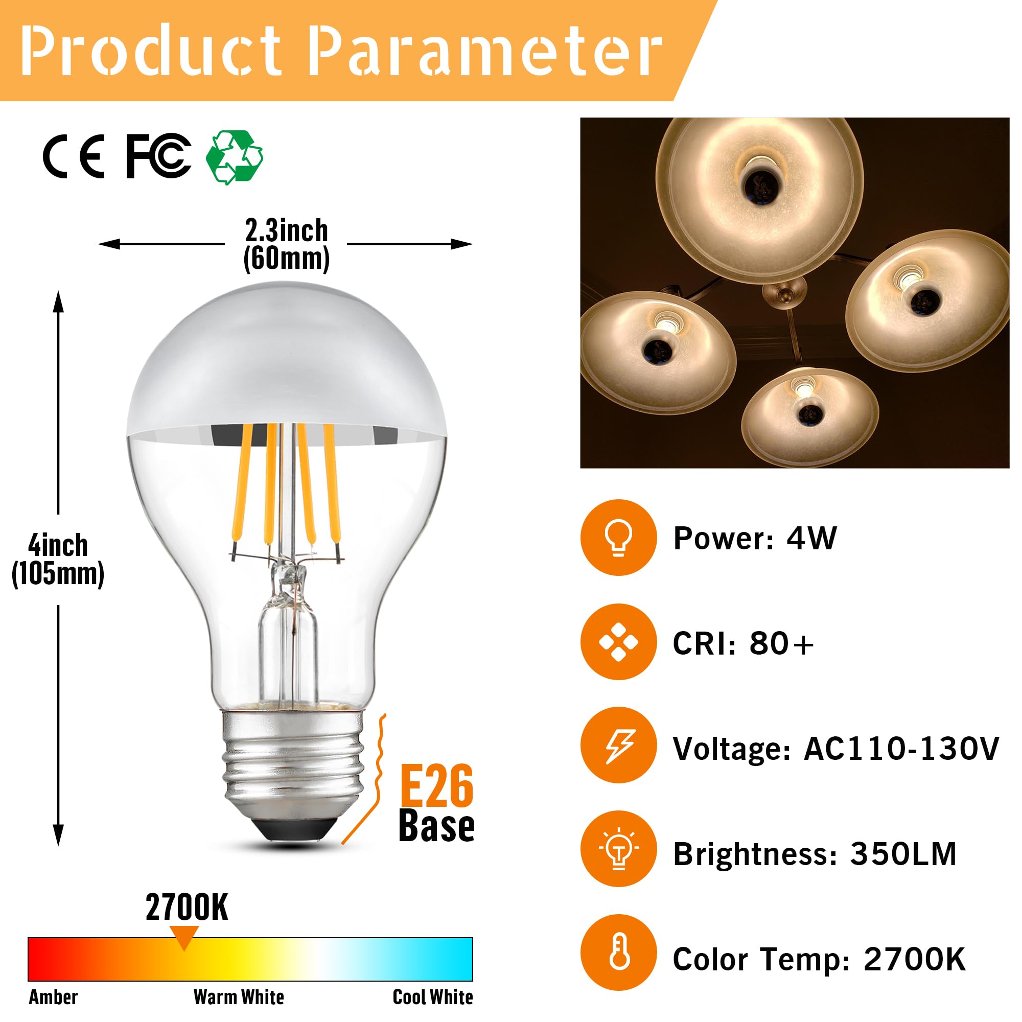 Half Chrome Light Bulb,Dimmable A19/A60 Silver Tipped Light Bulbs Silver Top Dipped Coated Light Bulb,Mirror Light Bulbs 4W(40W