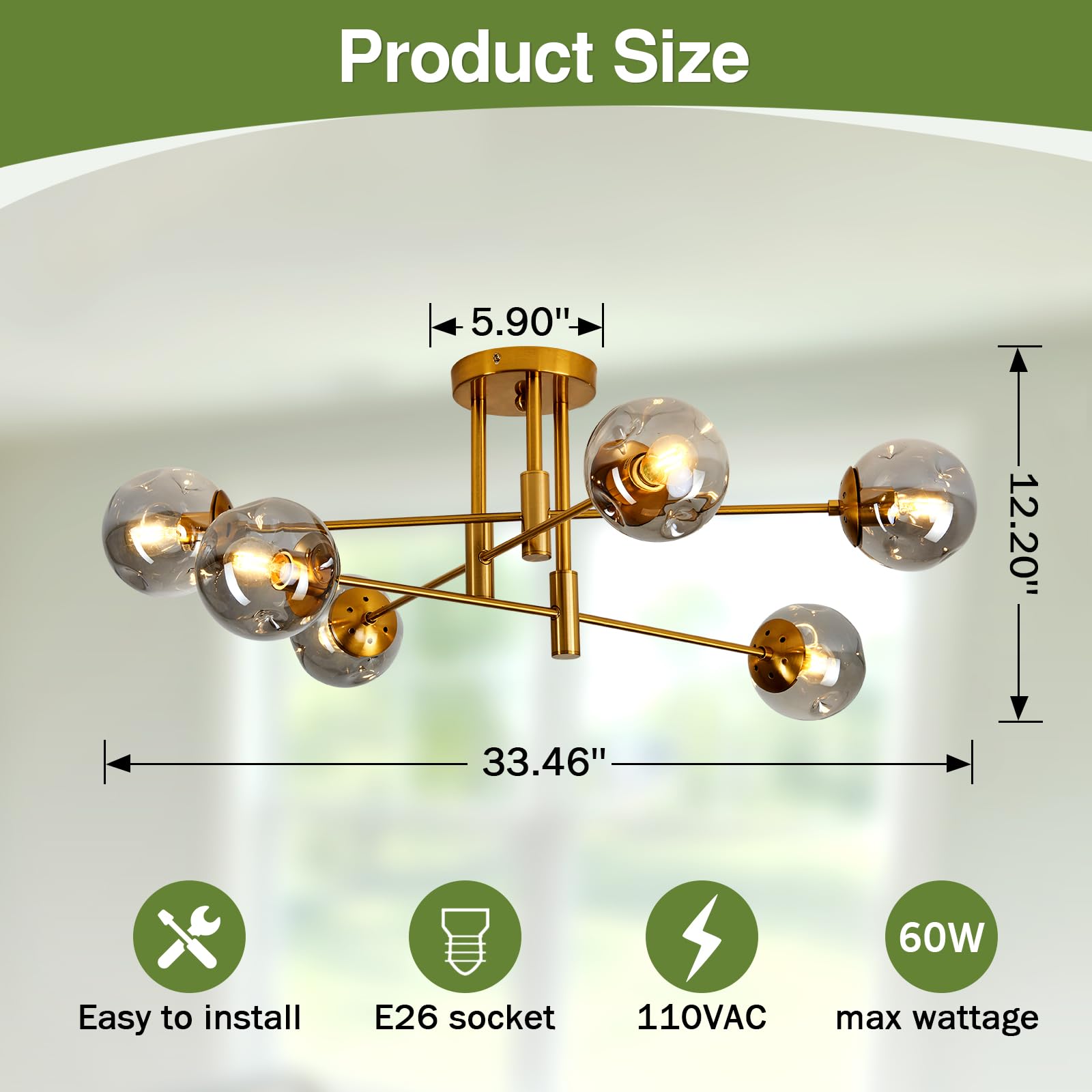 Szxykeji 6-Light Glass Globe Chandelier - Modern Flush Mount Ceiling Light For Home Decor