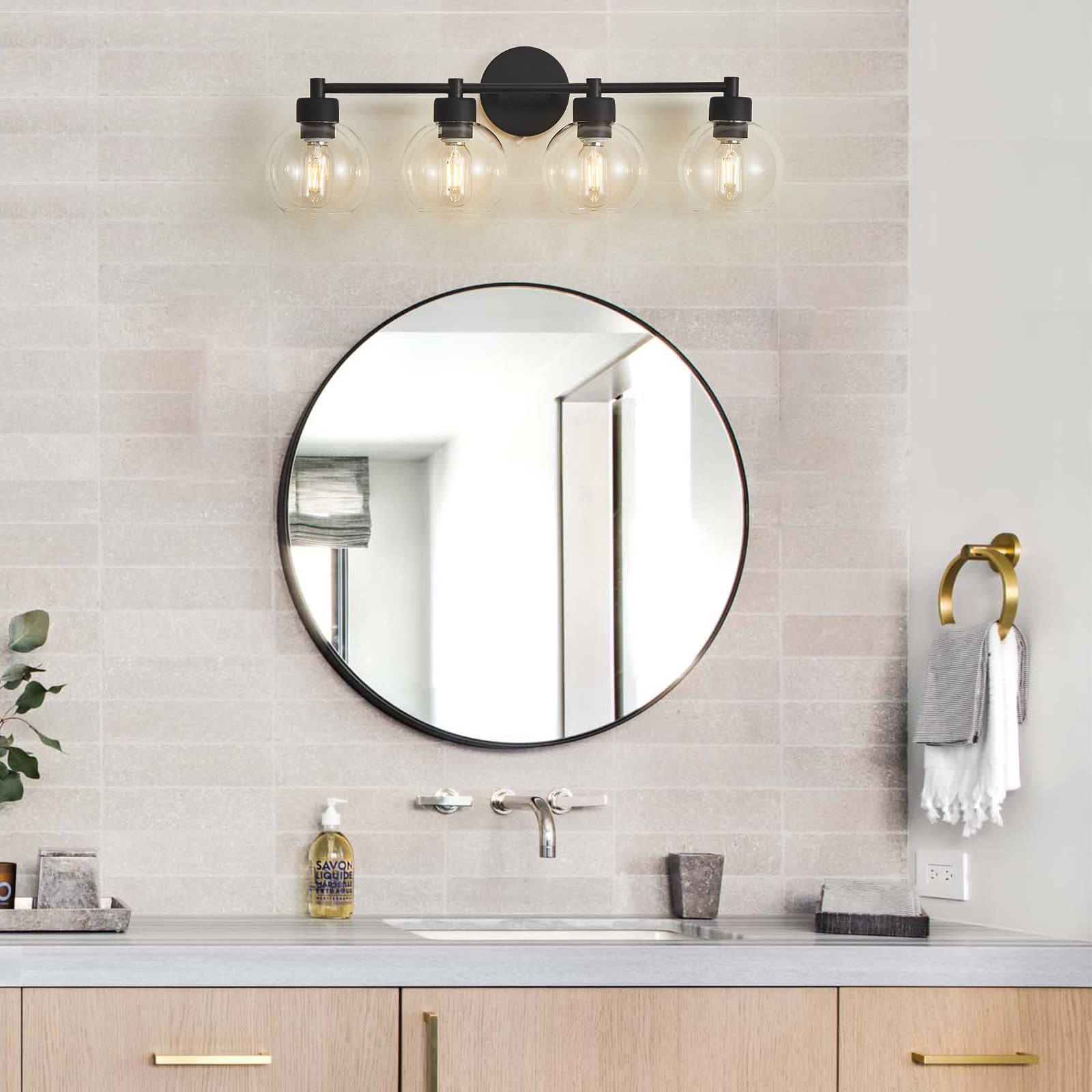 Diniluse Bathroom Light Fixtures 4 Lights Vanity Light With Black Round Finish, Bathroom Vanity Lights With Clear Globe Glass, Matted Black Wall Sconce For Mirror, Bedroom, Living Room, Kitchen